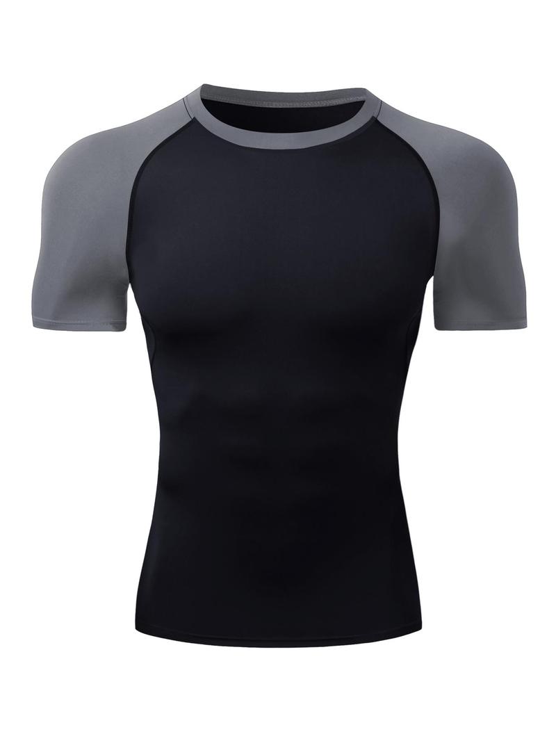 Men's Round Neck Sports Tee, Summer Clothes Tight Athletic Compression Shirts Quick Drying Breathable Crew Neck Short Sleeve T-shirt for Gym Workout Running, Casual Sporty Top