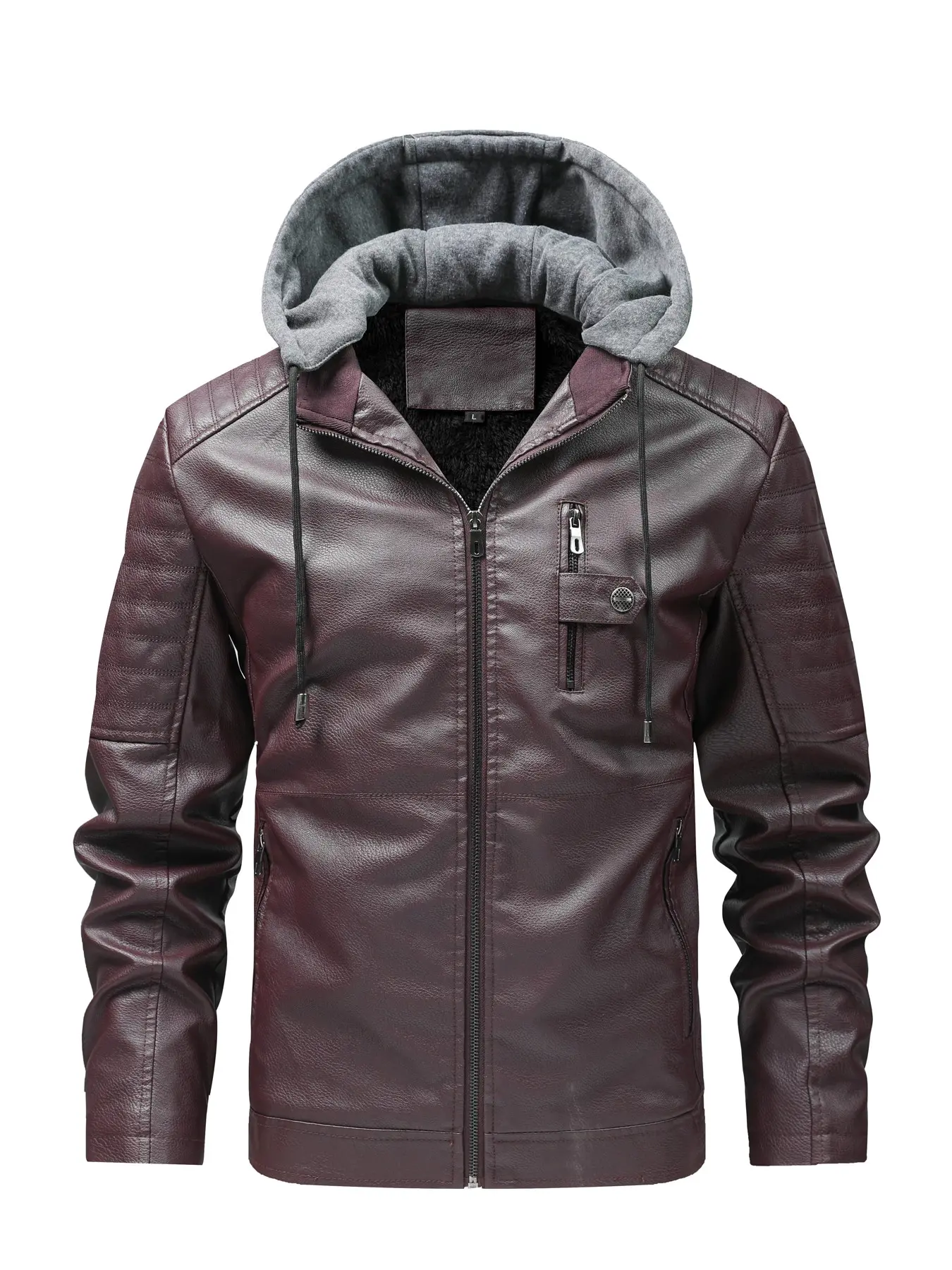 2026 Fall Winter New Plain Color Detachable Hat Leather Jacket Men's Youth Motorcycle Coat, Fleece Lined Hooded Leather Jacket for Men