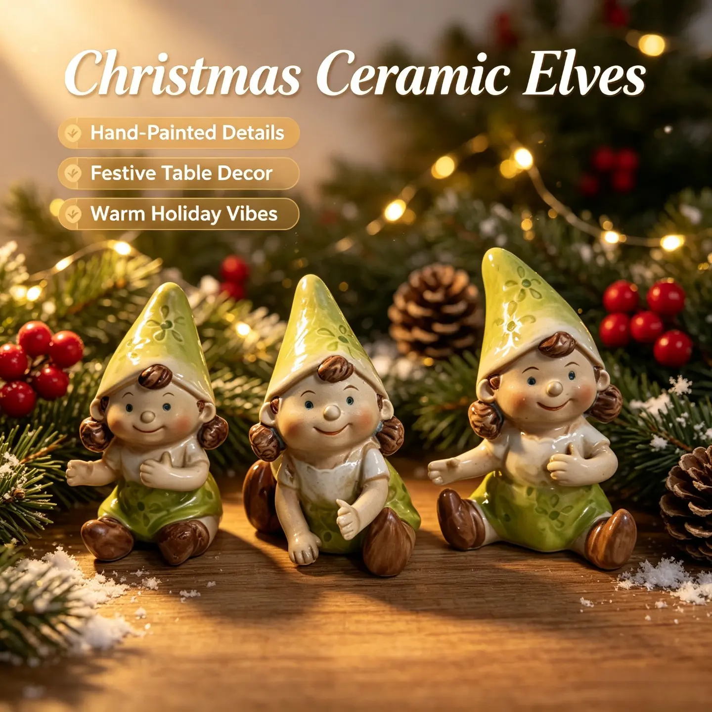 Hand‑Painted Ceramic Christmas Elves Figurines Set, Cute Green Gnome Elf Statue Tabletop Mantel Shelf Ornaments, Festive Winter Holiday Home Desk Display Decor, Perfect Xmas Gift, Thanksgiving New Year Housewarming Present, Aesthetic Cottagecore Rustic Ho