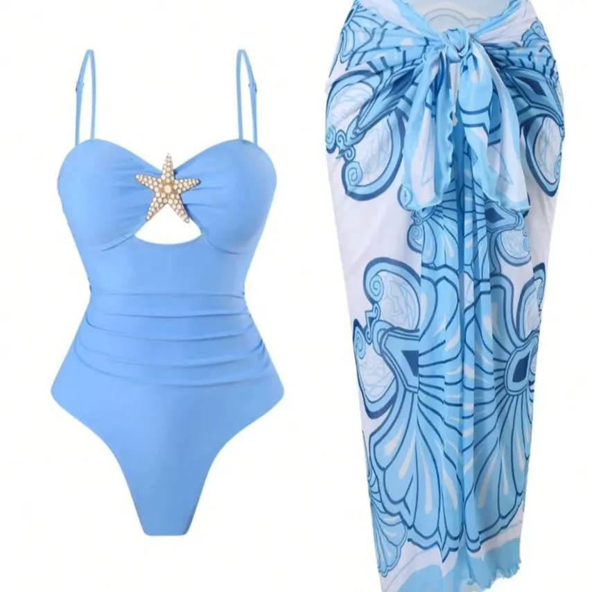 Women's Halter 1-Piece Swimsuit, Unique Shell Print, Long Body-Cut Style, Soft Stretch Fabric, Ideal for Beach, Vacation
