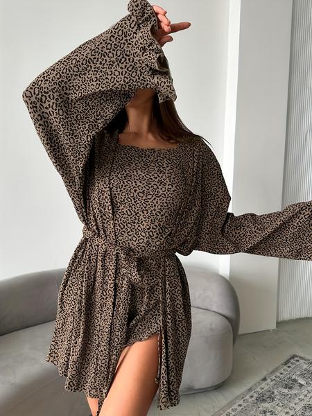 Leopard Print Knit Pleated Belt Jacket Cami Shorts Set, Casual Home Wear Three-Piece, Stylish Women's Clothing Collection