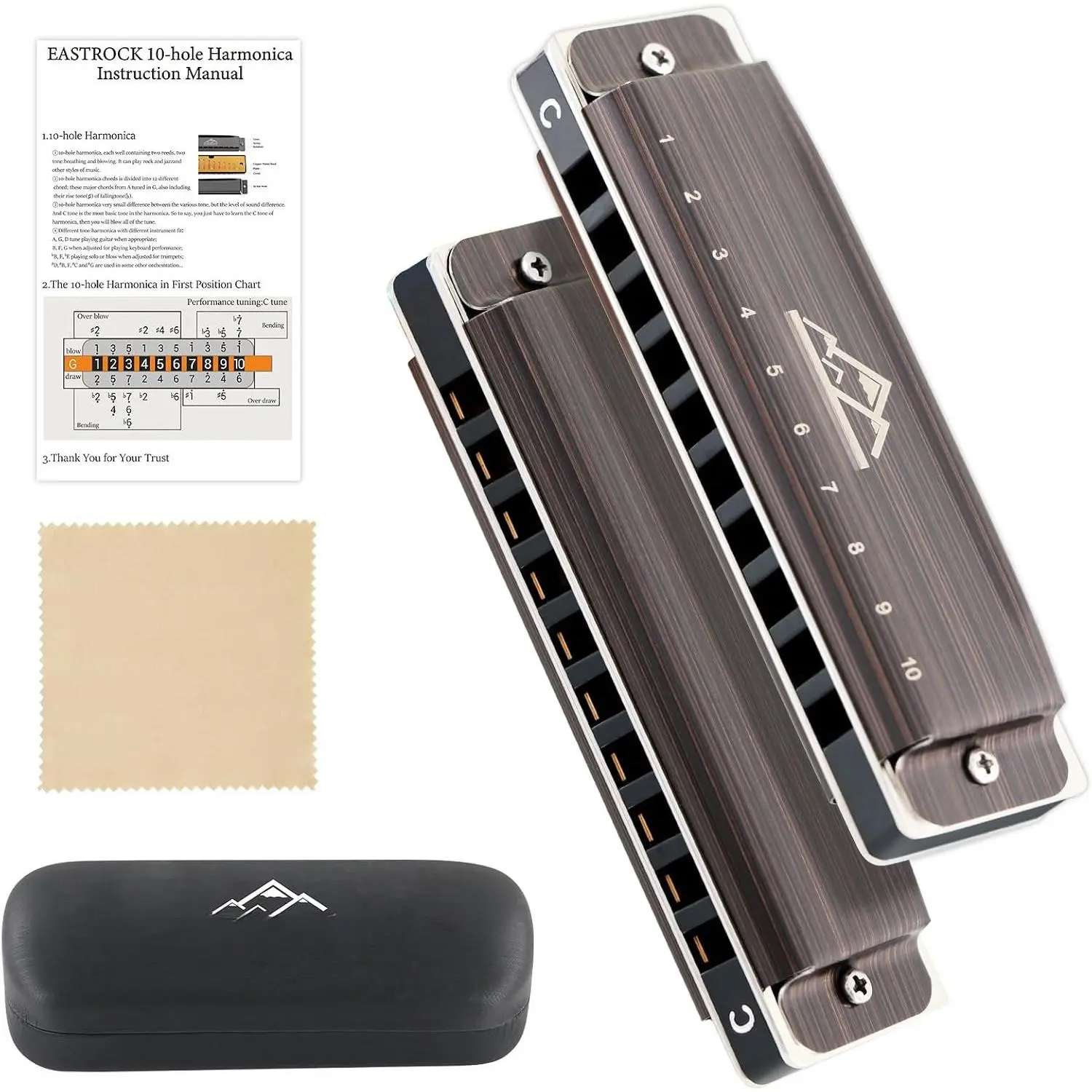 10 Hole Blues Harmonica C Key Brushed Metal with Case for Beginner | Diatonic Mouth Organ Phosphor Bronze Reeds and Metal Cover Plate for Professional Students Adult