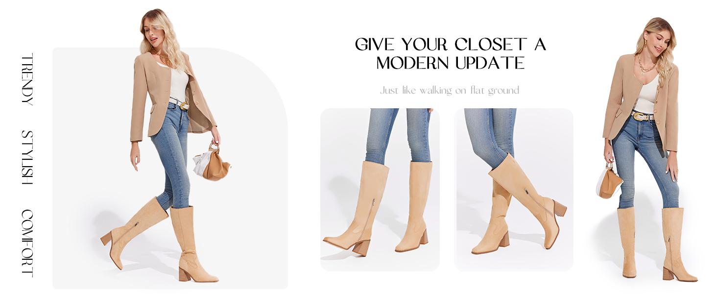 Coutgo Women's Knee High Boots Wide Calf Square Toe Chunky Heeled Pull-on Boot