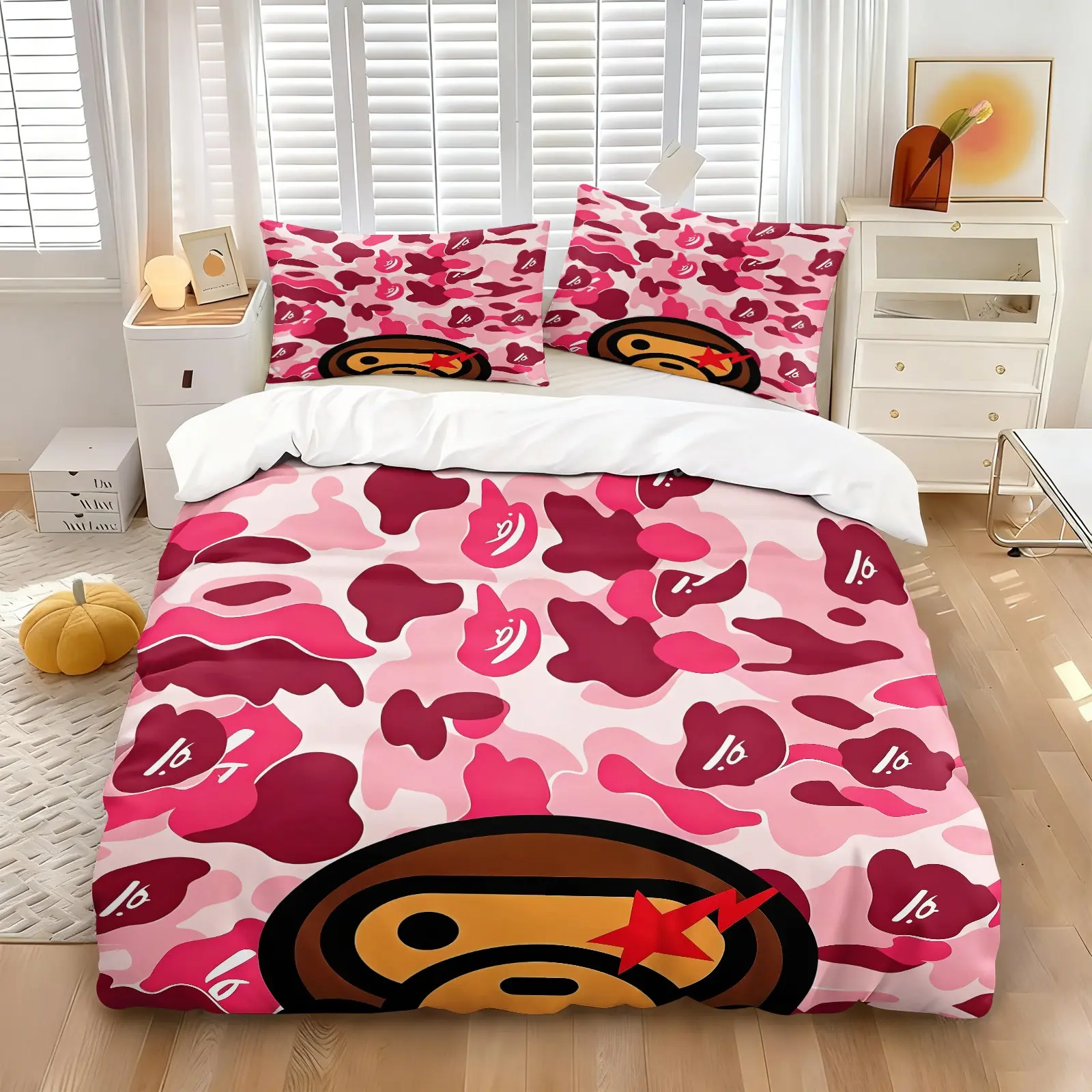 Aesthetic Pink Camo Monkey Duvet Cover Set, Include 1 Comforter Cover and 1/2 Pillowcases without Core, Cute Cartoon Animal Quilt Cover, Cool Street Fashion Printed Bedding, Trendy Teen Room Decor, Multi-pattern Optional