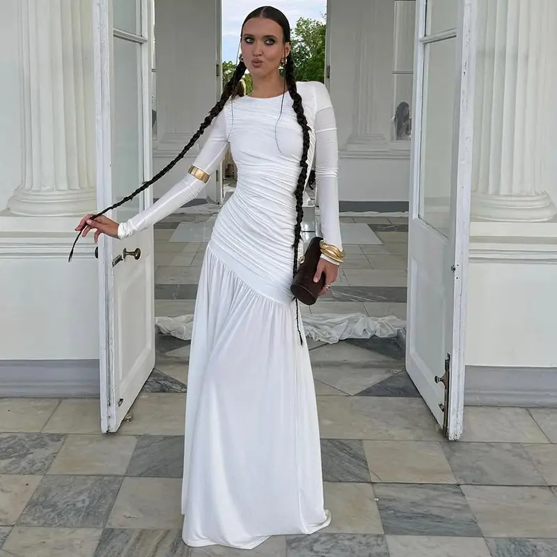 Women's Islamic Modest 2026 Summer Ocean Style Crew Neck Longsleeves Pleated Slim-Fit Elegant Dress, Lady's Pleated Skirt Clothes with Irregular Hem