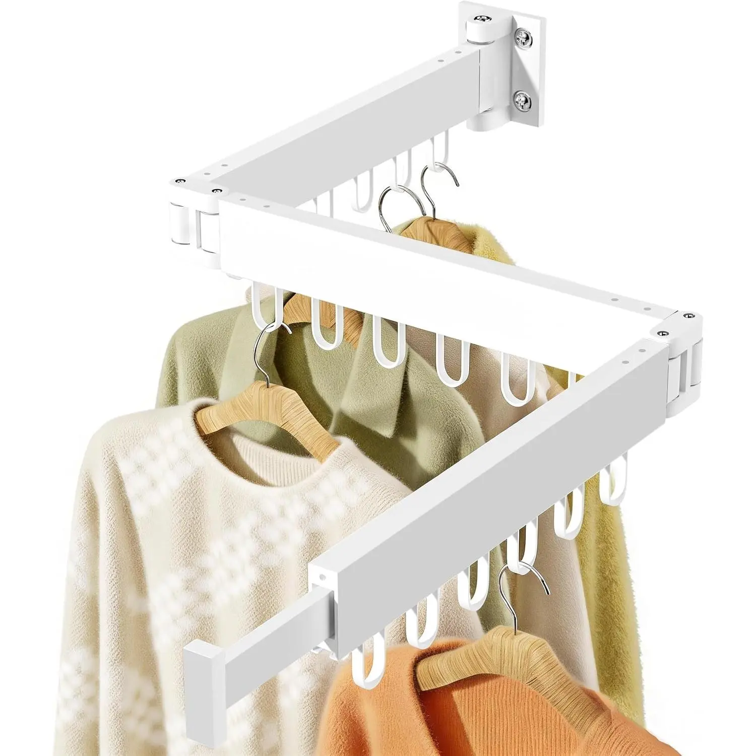JAUREE Clothes Drying Rack Wall Mounted, Space-Saving Drying Rack Clothing, Collapsible Foldable Retractable Laundry Rack with 18 Hooks, Indoor/Outdoor, White