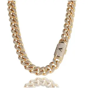 [ICE HUE] 18K Gold Vacuum Plated Copper 5A+ Sri Lanka Zircon Number Clasp 12mm Cuban Necklace, Miami-Italy-Mexico & Micro Inspired, Unisex Luxury Gold Jewelry, Daily Wear & Gift Idea, Chicano Classic Hip Hop Simple Sporty Style