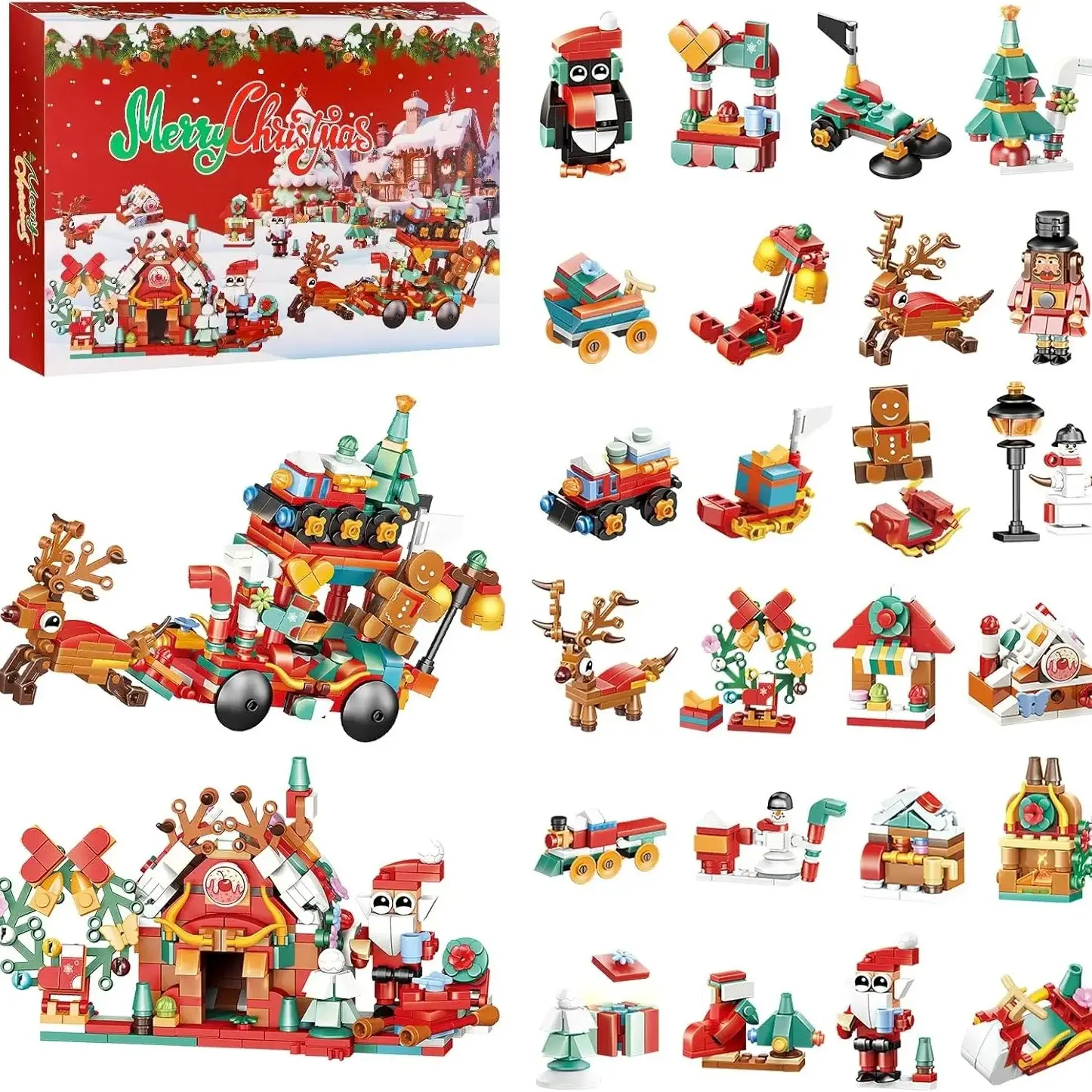 Christmas Theme 24-In-1 Building Blocks Gift Box, Fun Cartoon Christmas Toys, Reusable Deer Sleigh, House, Tree Models, Holiday Decor, Kids Gifts