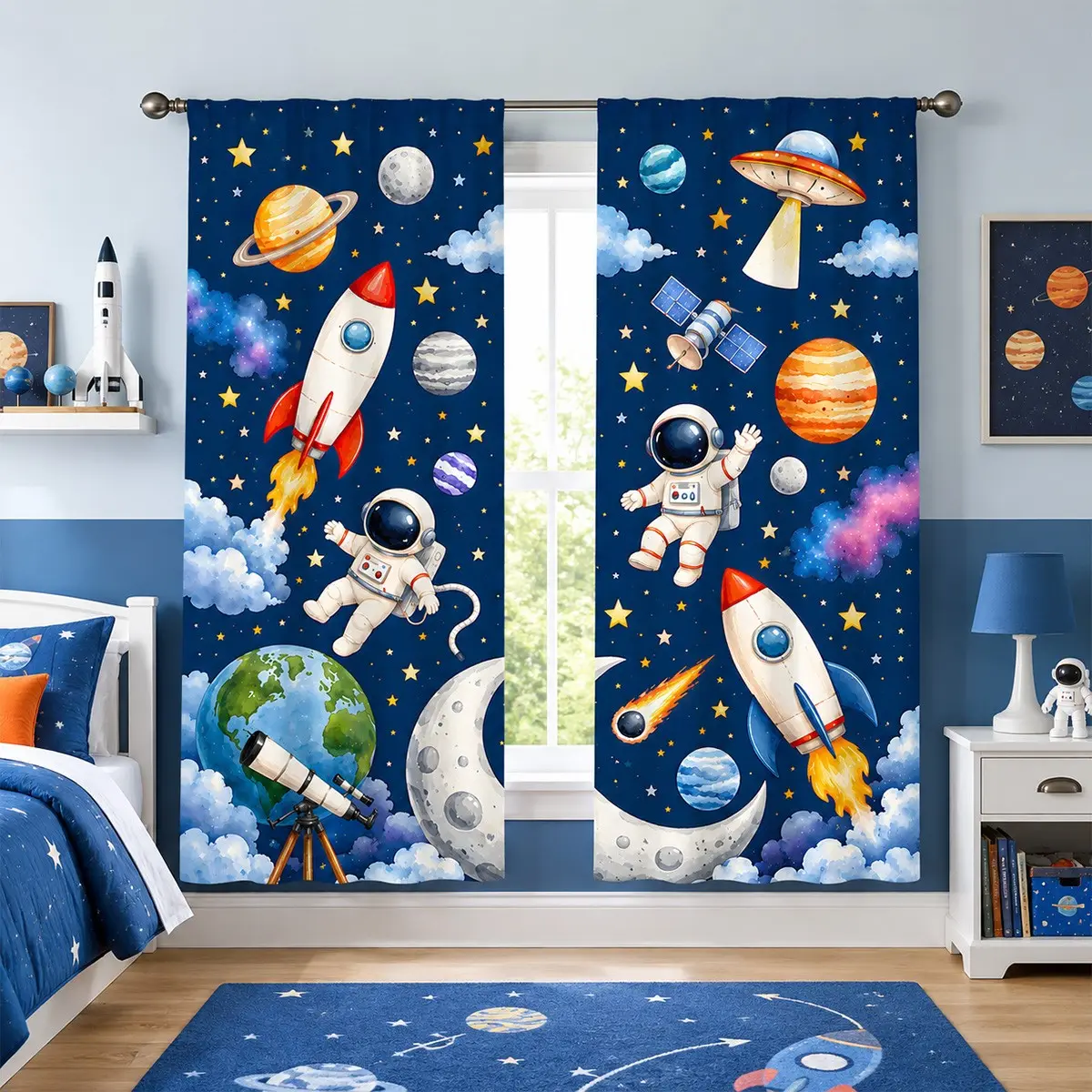 2-Piece Cartoon Space Astronaut Rocket Planet Print Semi-Transparent Curtain Set (90g Polyester Fiber) for Children's Rooms, Fun Starry Sky Style, Rod-Mounted Privacy Curtains