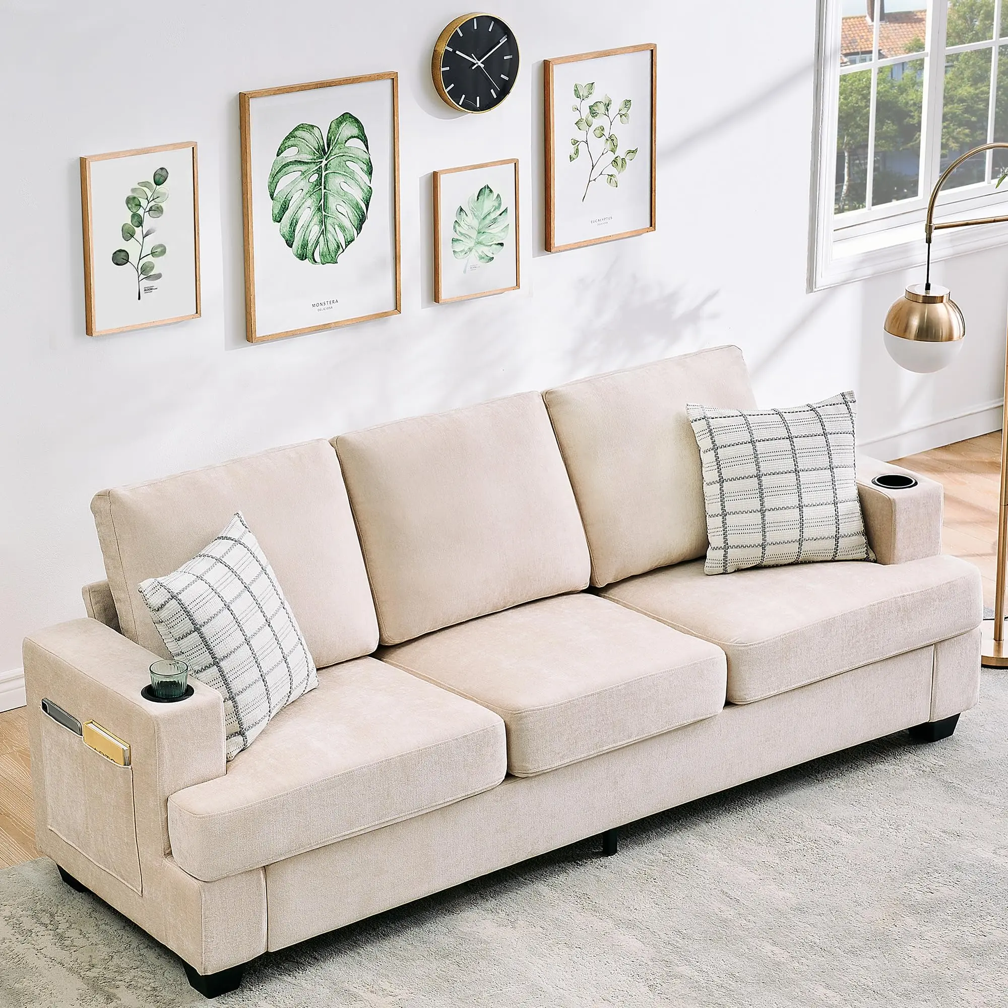 Garvee Modern 89 in 3-Seater Sofa for Living Room with Deep Seat Chenille Upholstery, Cup Holders, and Side Storage Pockets, Beige Couch Ideal for Apartment Lounge Comfort