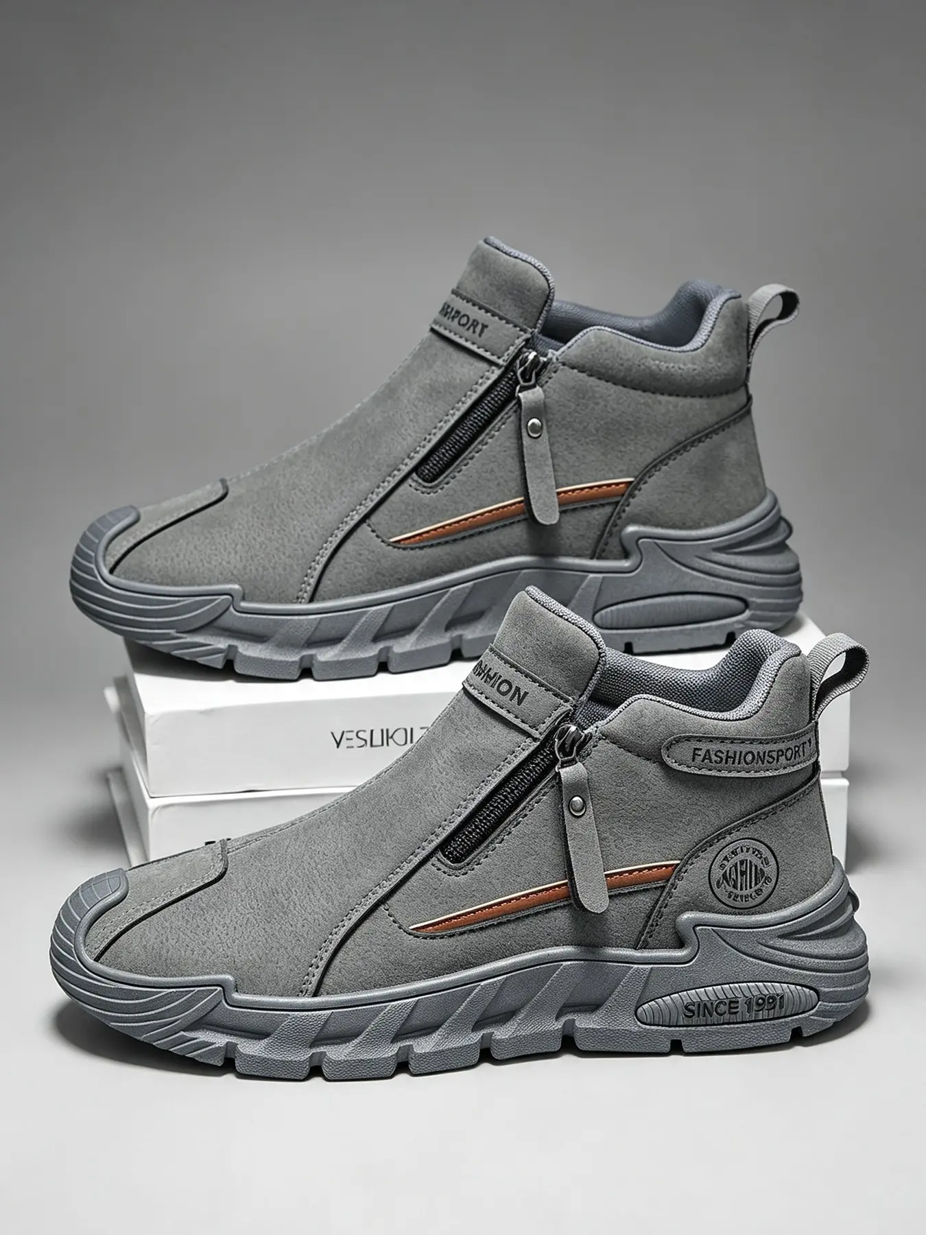 Men's High-Top Waterproof Leather Work Boots, Side Zipper, Thick Sole Anti-Slip, Slip-On Casual Sports Shoes for Fall Winter
