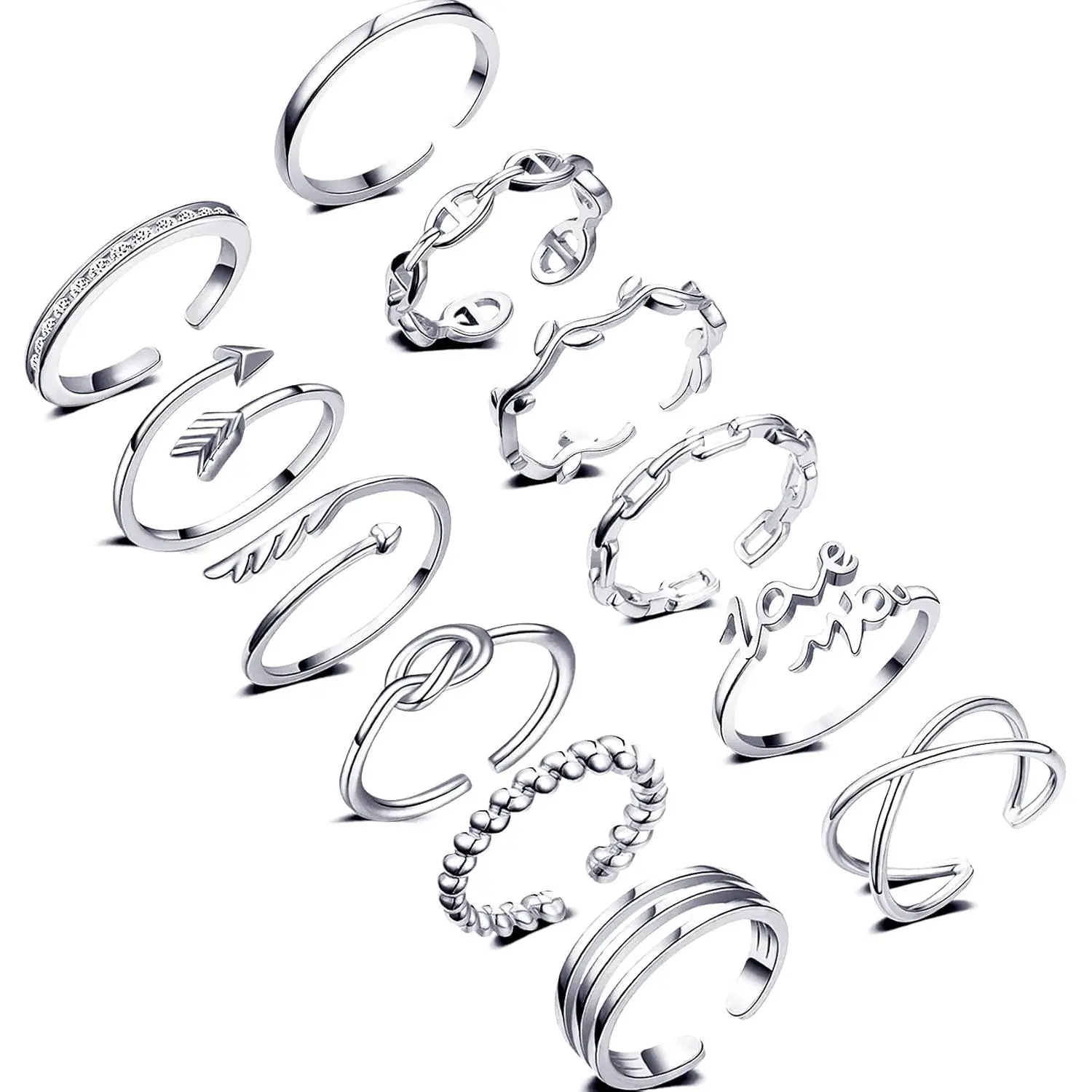 12PCS Silver Plated Rings Adjustable Open Rings for Women Cute Gold Plated Stackable Thumb Rings Joint Chain Midi FingerArrow Knot Wave Band Rings Set