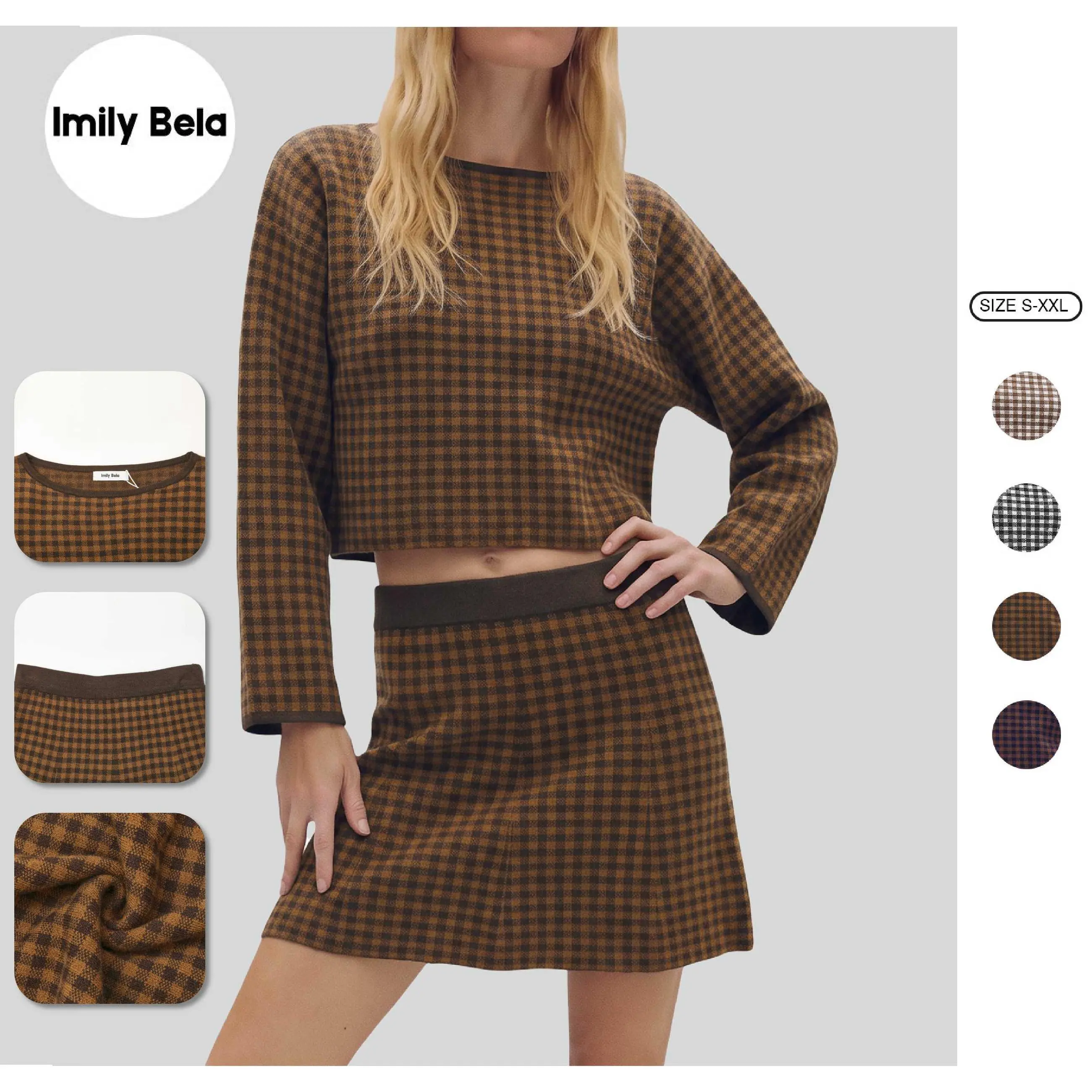Women’s Y2K 2 Piece Plaid Skirt Set, Oversized Cropped Long Sleeve Sweater Top and High Waisted A-Line Mini Skirt, Cute Dark Academia Preppy Fall Winter Outfit