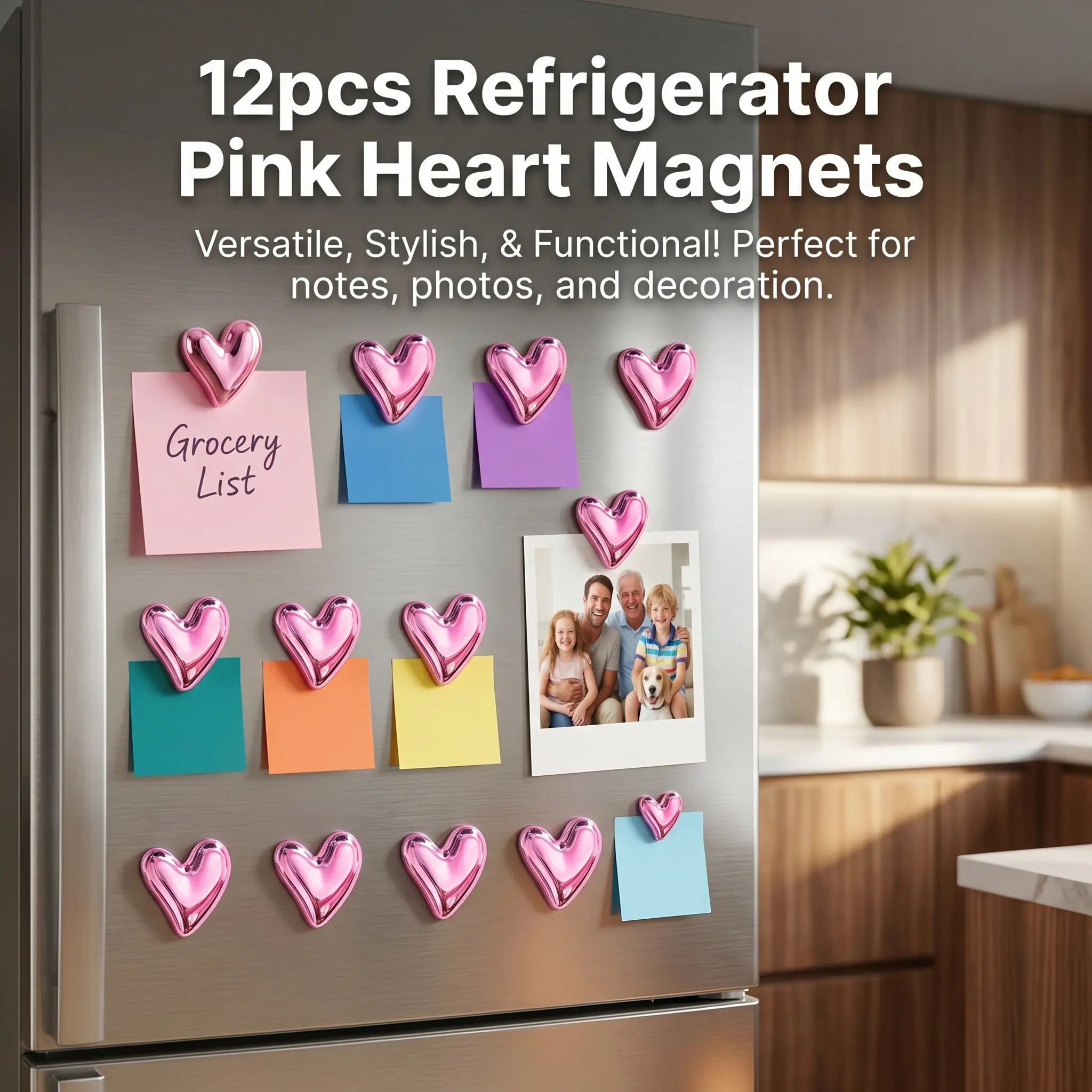 12pcs Refrigerator Pink Heart Magnets, Cute Charming Love Decoration Magnet Set for Home Kitchen and Office Whiteboard, Valentine's Day Gift for Friends and Loved Ones, Refrigerator Kitchen Magnet, Decorative-YY1