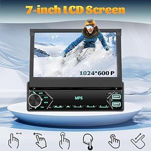 Car Radio 1Din with Retractable Screen,7inch Manual Retractable Display 1 Din Radio with Bluetooth Handsfree FM Type-C 2USB AUX Mirror Link SWC Rear View Camera、No carplay and no android auto、automotive