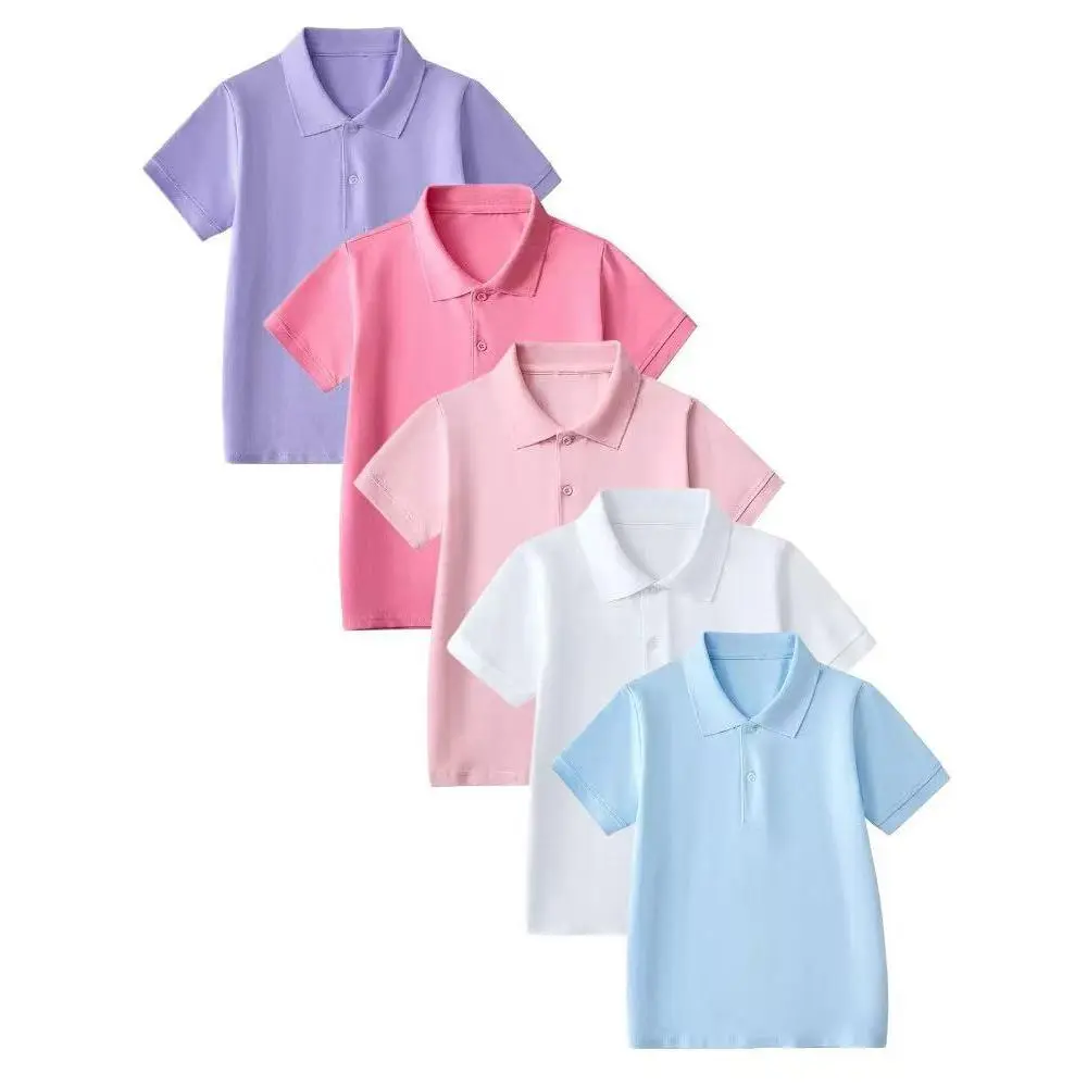 5-piece set of girls' short-sleeve Polo shirts, school uniform T-shirts, soft stretchy cotton collared shirts (suitable for children aged 5-14)-DYH