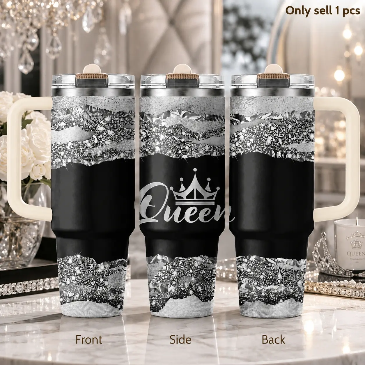Queen Crown Glitter 40oz Tumbler – Luxury Feminine Stainless Steel Insulated Cup with Handle & Straw Lid for Coffee, Water, Gym, Office, Car Cup Holder, Empowered Queen Gift for Her