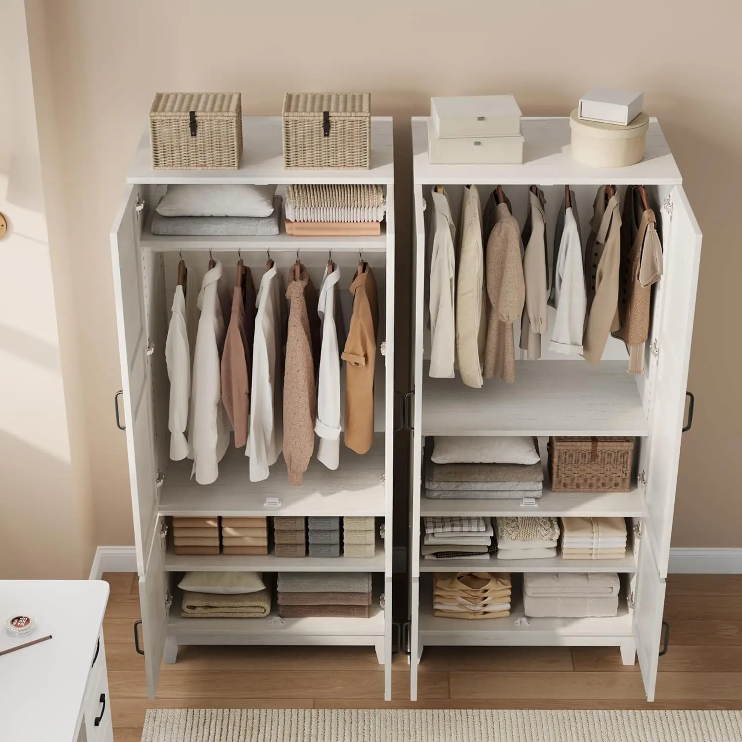 【GAOMON】72 Inch Wooden Armoire Wardrobe, Freestanding Closet with Hanging Rod & Adjustable Shelves, Soft-Close Hinges, Anti-Tip Safety, Modern Farmhouse White Storage Cabinet for Bedroom