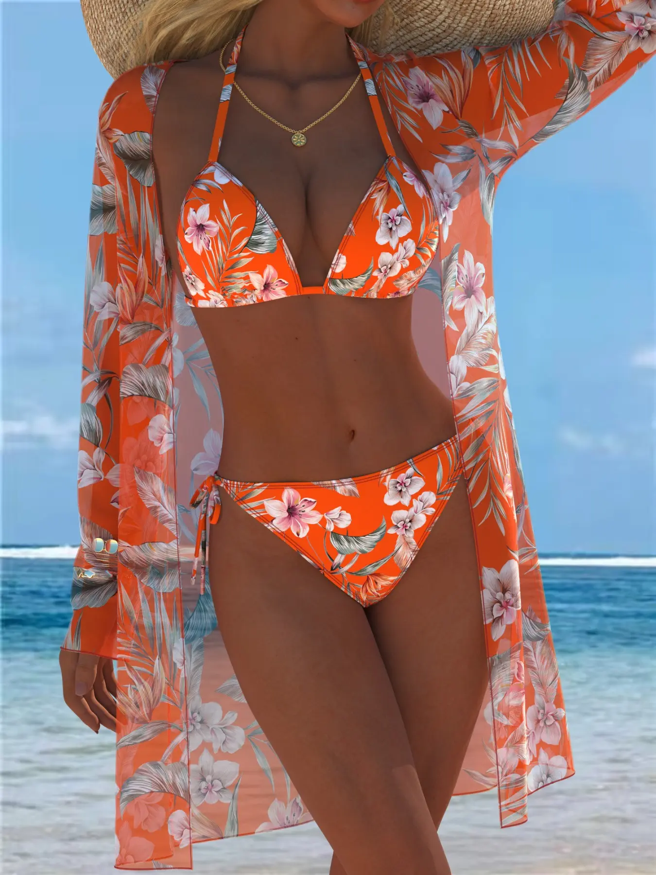 New European and American Women's Sexy Fashion Three-Piece Set, Sun Protection, Long Sleeve Mesh Print, Classic Split Triangle Pants, Floral Bikini, Beach Party Swimwear, Leaf Print Bikini, Flower Bikini Set