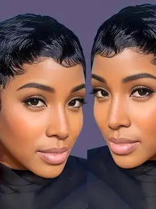 Brazil Remy Human Hair Wig for African Women, Hand-Tied Top, Glue-Free Straight Short Hair, Natural Base, Medium Volume, Full Head Wig, Glueless Brazilian Wig