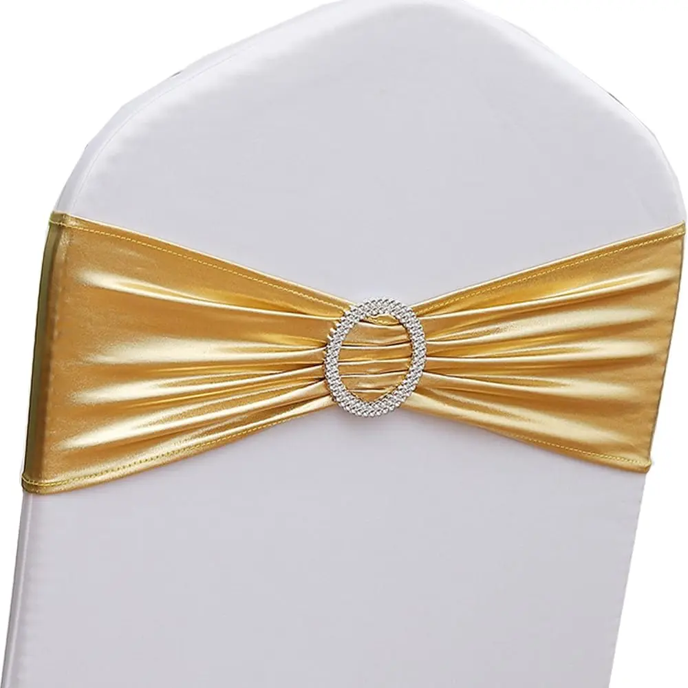 100 Pack Gold Spandex Chair Sashes, Stretch Chair Bands Bows for Wedding Reception Party Banquet Theme Event Decor