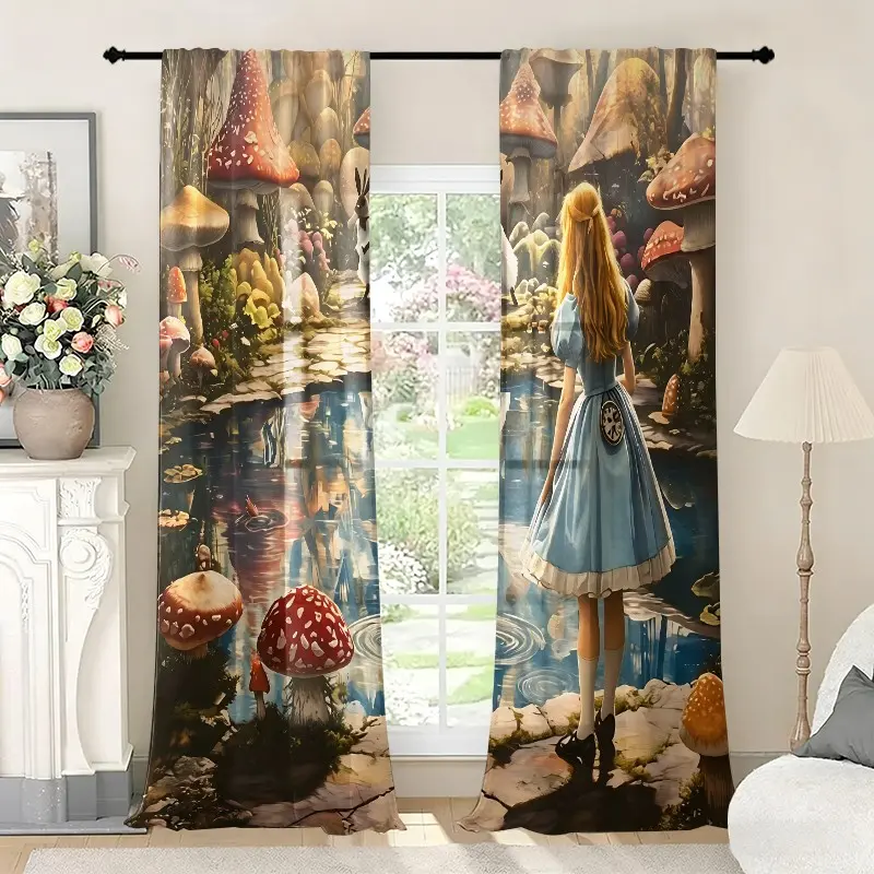 2pcs Alice in Wonderland Mushroom Forest Print Sheer Curtains, Window Curtains, Polyester Semi Transparent, Rod Pocket, Fade Resistant, Bedroom Decor
