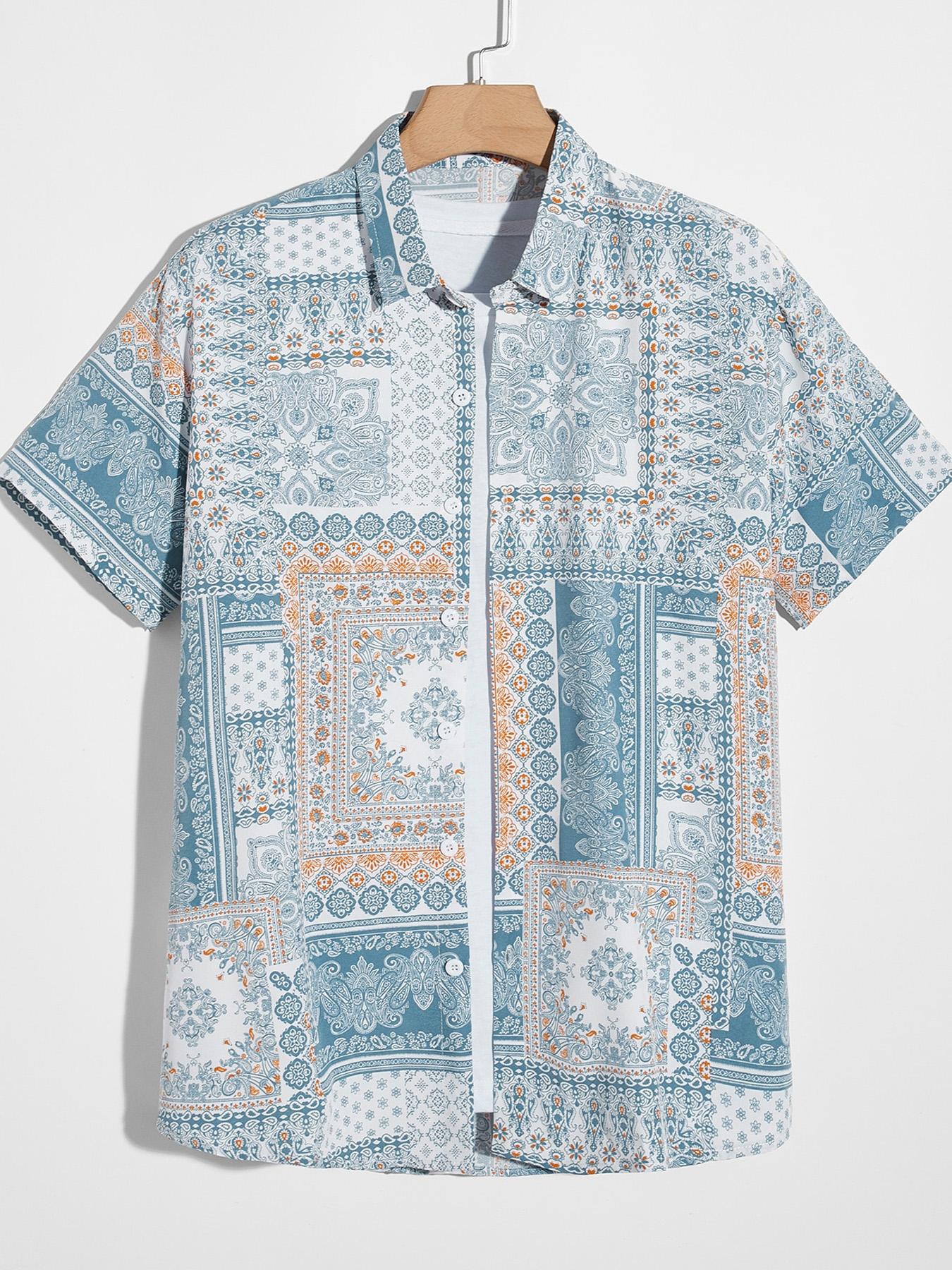 Men's Regular Fit Ditsy Floral Print Short Sleeve Shirt, Casual Button Down, Casual Comfy Top for Summer, Men's Clothes for Beach Vacation, Menswear