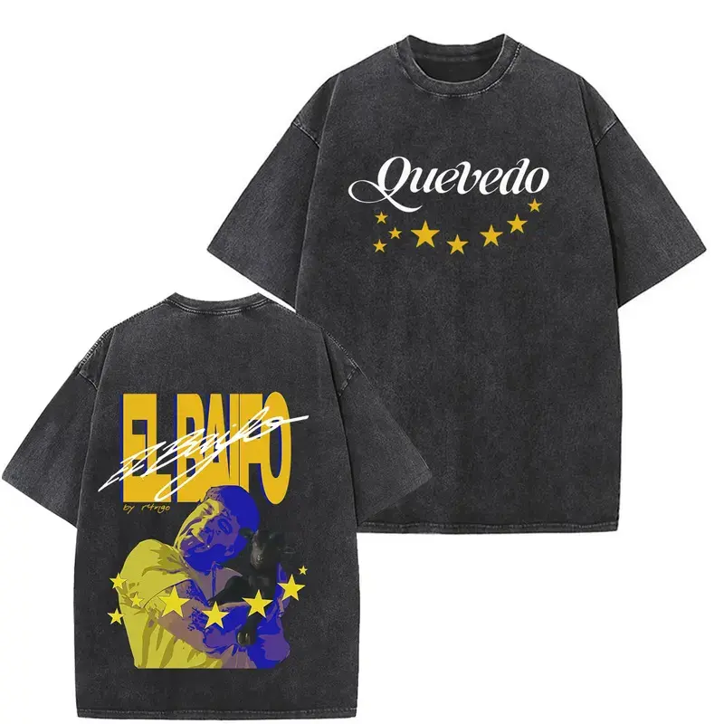 Men's Vintage Washed Cotton Streetwear T-Shirt - Quevedo El Baifo Tour Graphic Print, Unisex Soft Stylish Loose-Fit Short-Sleeve Round Neck Top for Fans, Tshirt, Shortsleeve, Casual, Distressed, Fabric, Fashion, Menswear, All-Season, Unisex Retro, Valenti