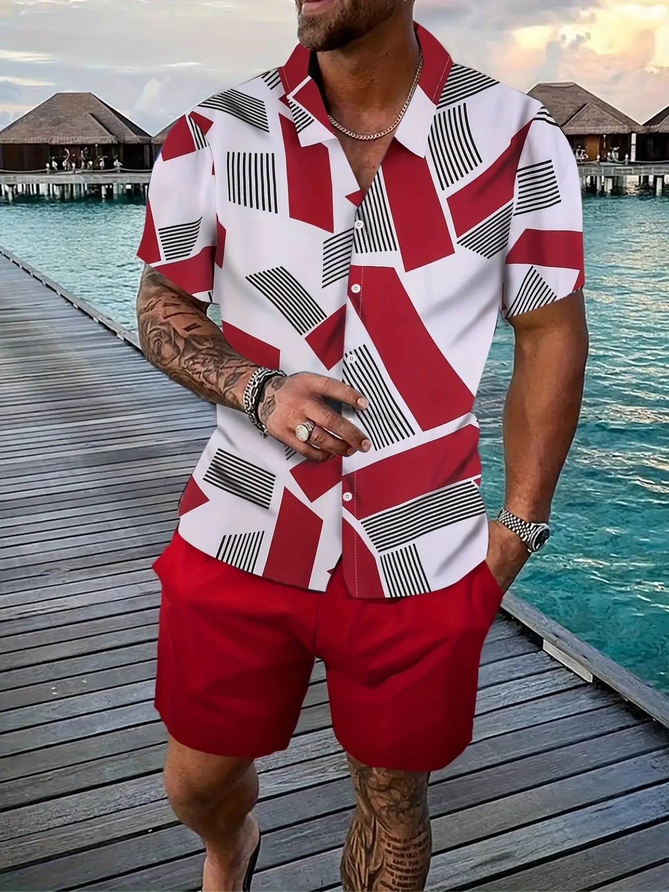 Men's 3D Short Sleeve Shirt + Shorts Set, Tropical Geometric Pattern Print, Collar Design, Casual Fitted Style, All Seasons Wear