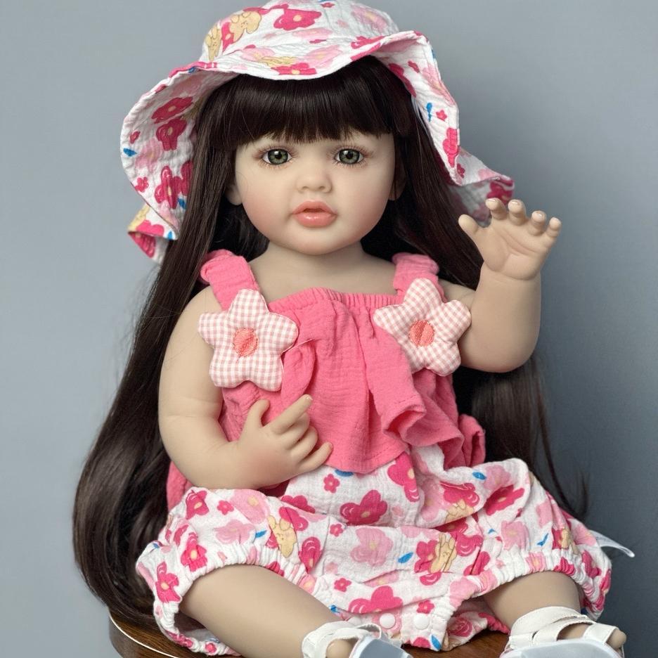 22 Inch Reborn Baby Doll, Lifelike Full Soft Vinyl Reborn Baby with Pacifier, Bottle, Diaper, Hat and Clothes Set, Birthday Gift, Kids Toys, Cute Clothes Dolls