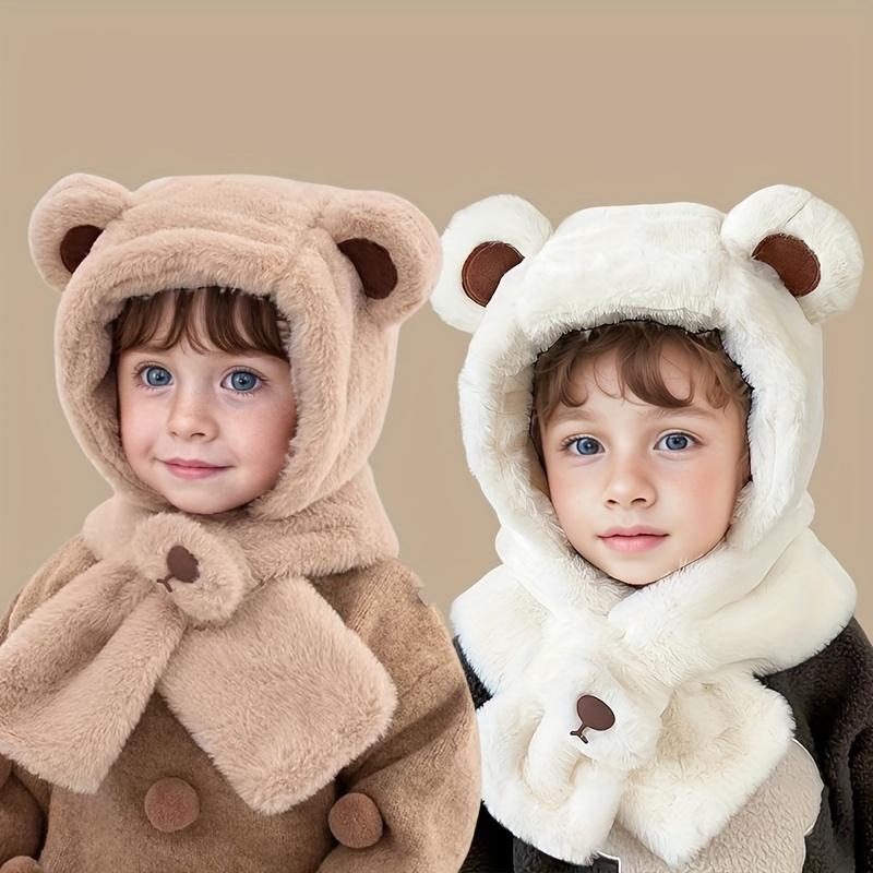 NewNewKids Cartoon Hooded Hat and Scarf Combo - Thickened Warm Ear Protection Skiing, Parties, Outdoor Activities - 100% Polyester Knit, Solid Color - Fits Ages 3-7