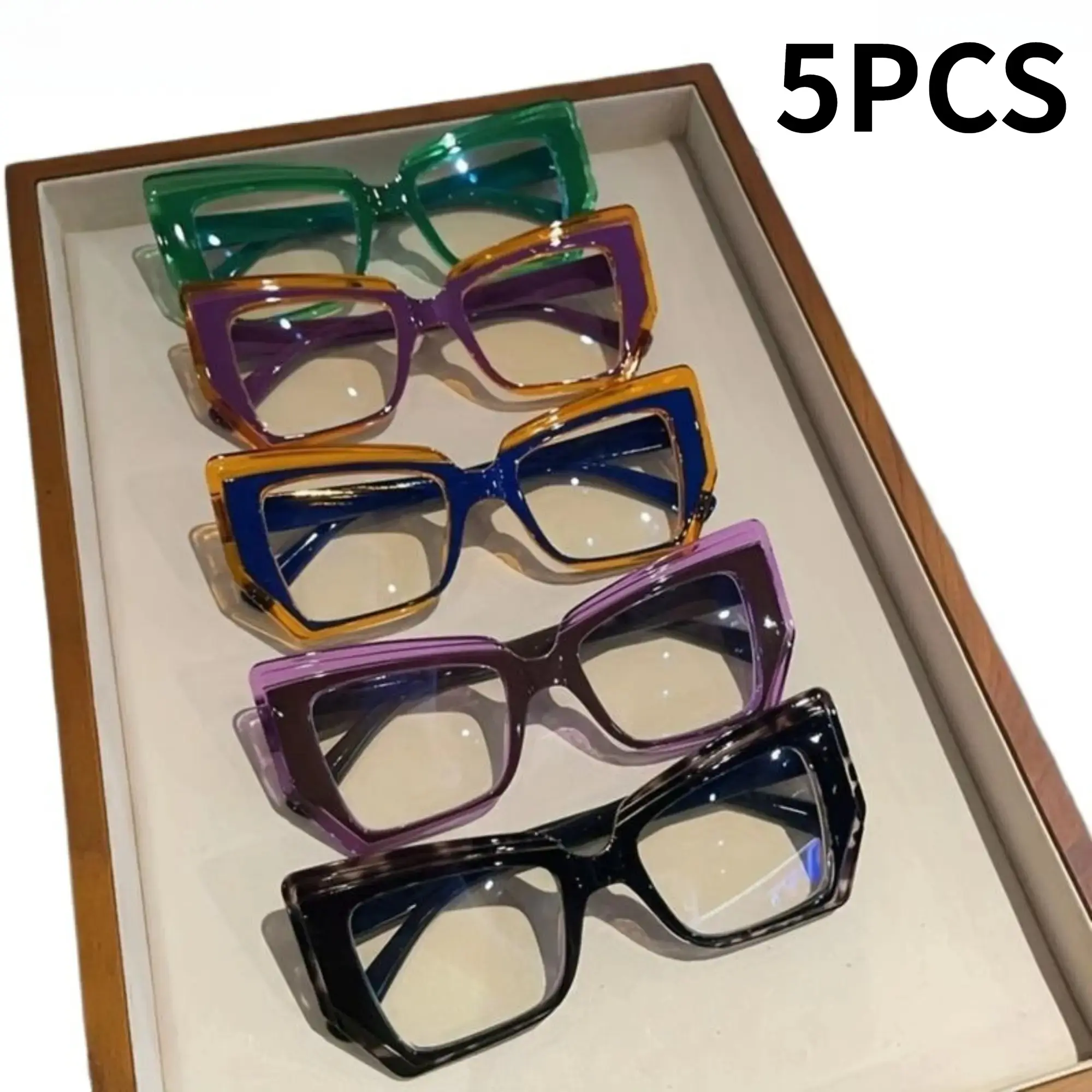 2026 NEW Retro cat-eye glasses, 5-piece set. Large polygonal frame. Colorblock design. Inspired by French oil paintings. Simple and stylish. Non-prescription glasses. Suitable for casual and formal occasions.