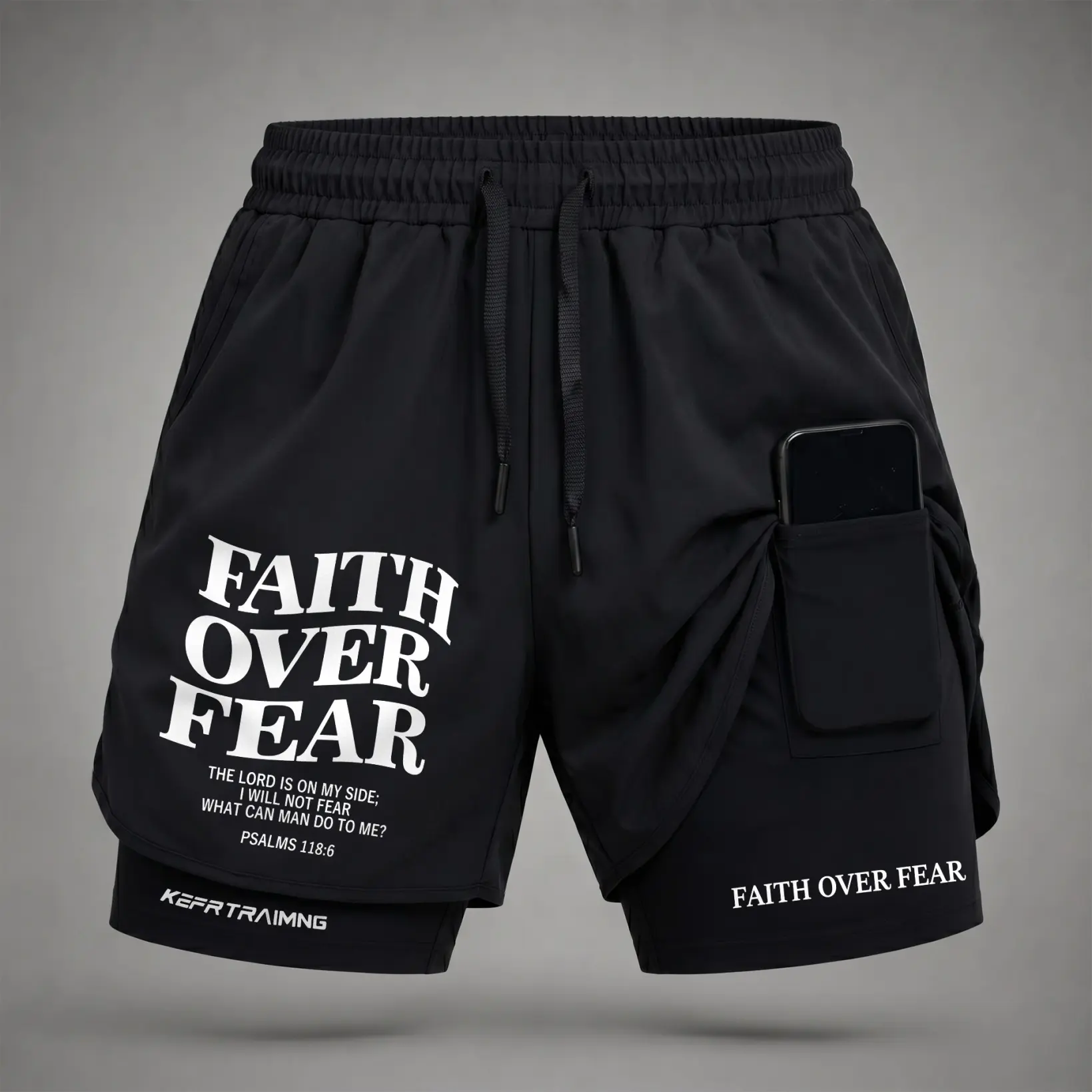 Men’s “Faith Over Fear” Psalm 118:6 Graphic Print 2-in-1 Athletic Shorts, Built-in Compression Liner, Secure Inner Phone Pocket, Elastic Drawstring Waist, Quick-Dry Gym Running Training Shorts for Summer Daily Wear