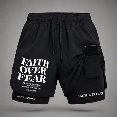 Men’s “Faith Over Fear” Psalm 118:6 Graphic Print 2-in-1 Athletic Shorts, Built-in Compression Liner, Secure Inner Phone Pocket, Elastic Drawstring Waist, Quick-Dry Gym Running Training Shorts for Summer Daily Wear