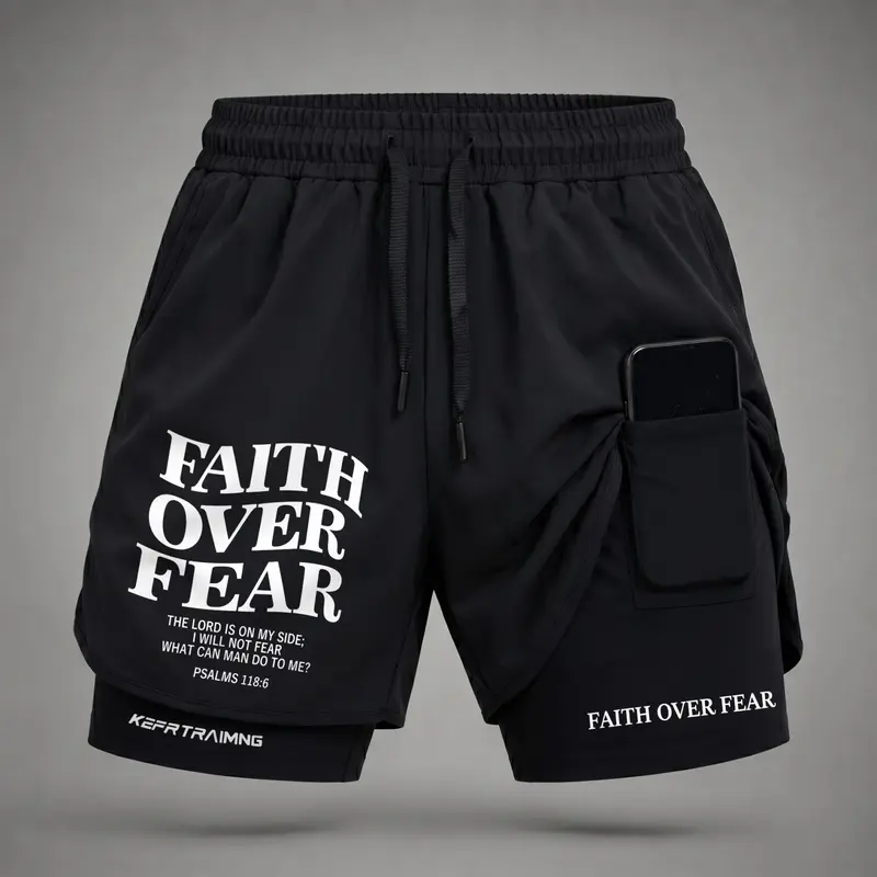 Men’s “Faith Over Fear” Psalm 118:6 Graphic Print 2-in-1 Athletic Shorts, Built-in Compression Liner, Secure Inner Phone Pocket, Elastic Drawstring Waist, Quick-Dry Gym Running Training Shorts for Summer Daily Wear