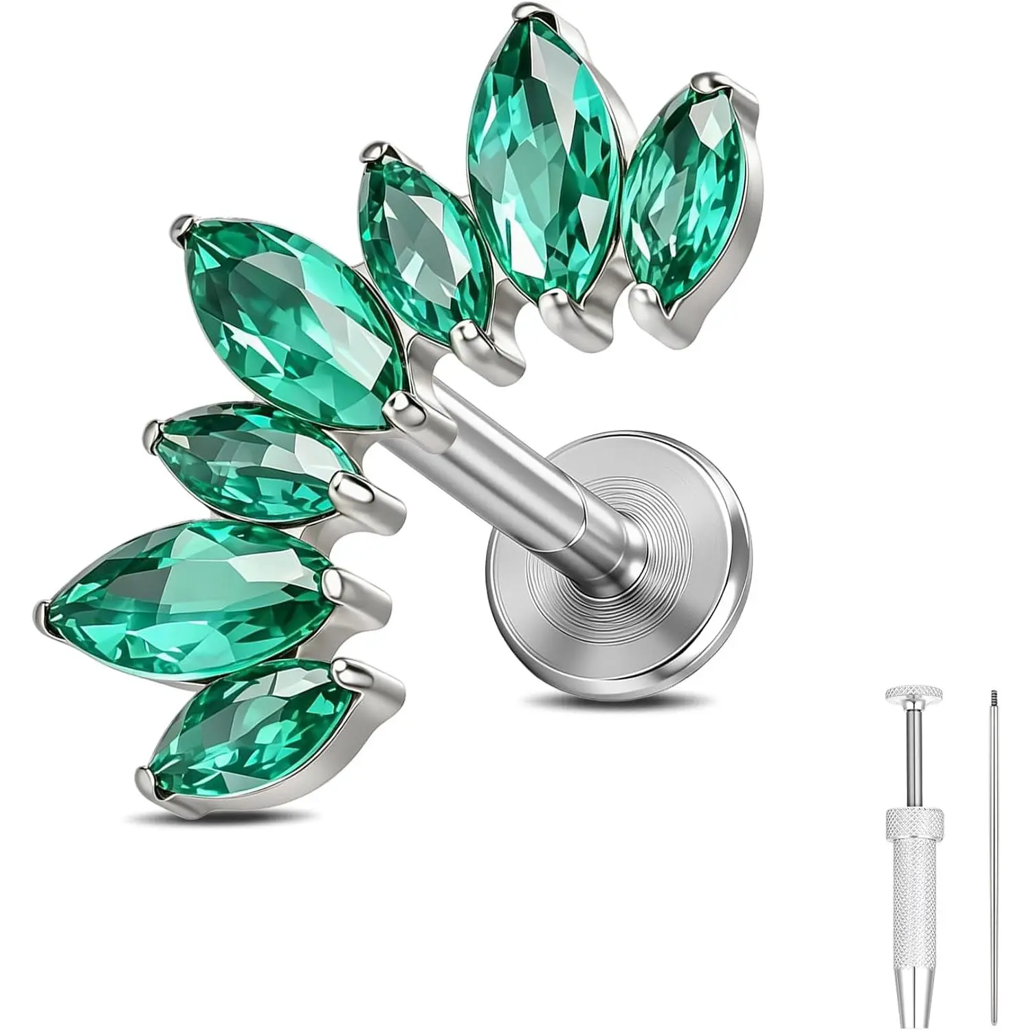 Titanium Flat  Stud Earring 16G | Internally Threaded, , CZ Stud, Includes Insertion Pin & Ball Grabber, For Helix Tragus Conch Lip