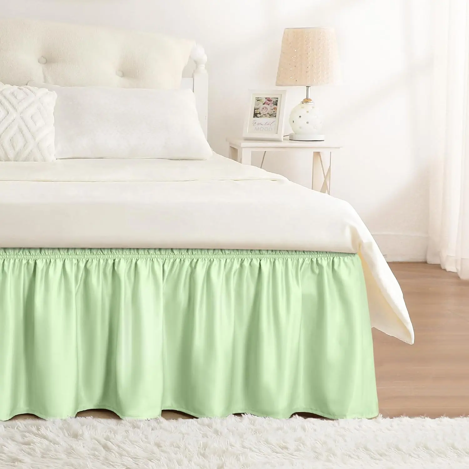 Bed Skirt Queen Size Baby Green 15 Inch Drop, Wrap Around Elastic Bedskirt, Dust Ruffle for Bed Base Soft Machine Washable Easy to Install Bed Skirts