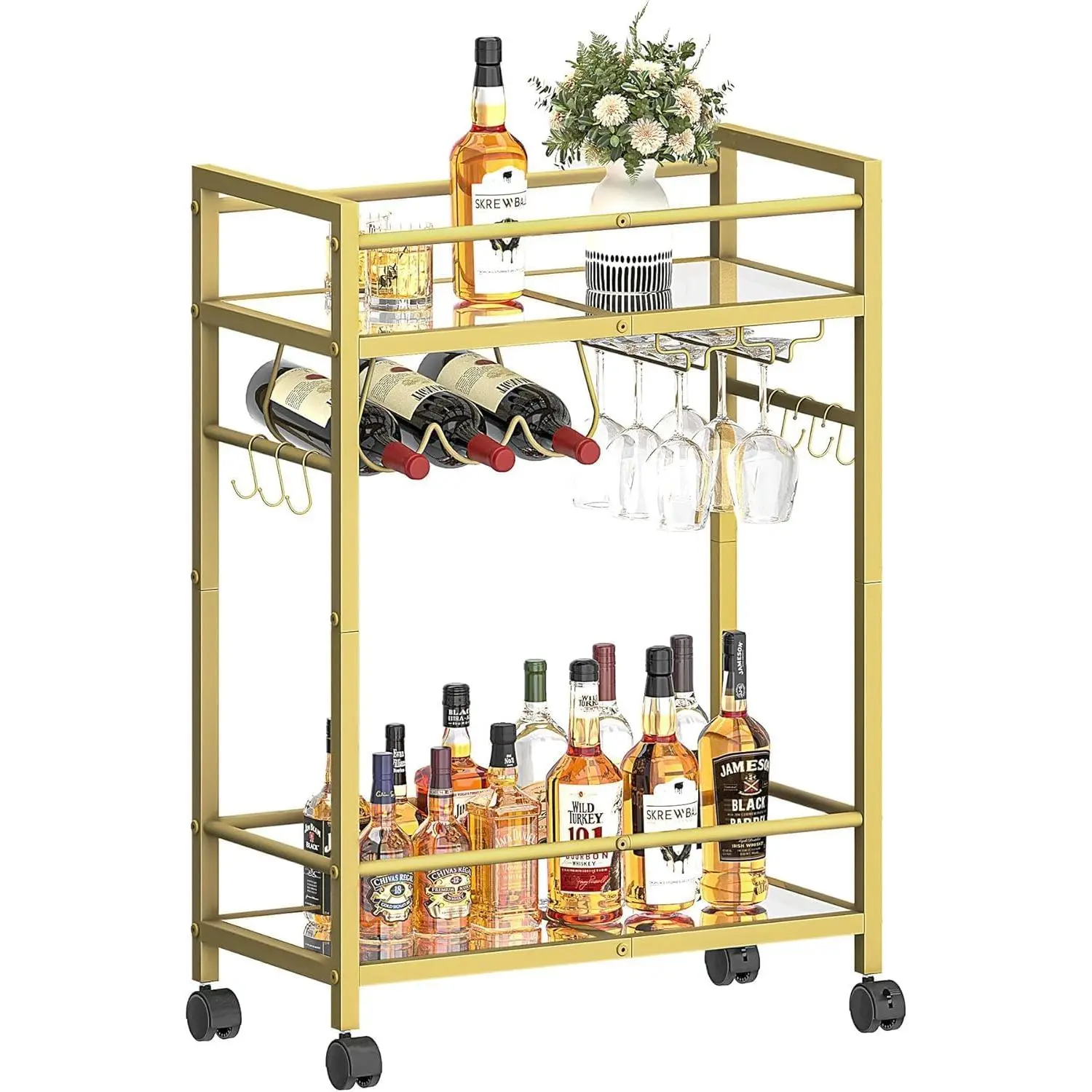 Bar Serving Cart, Bar Cart with 2 Mirrored Shelves, MicrowaveCart, Rolling Beverage Cart, Mobile KitchenCart with  Rack, Drink Cart for Dinning Room, Living Room, Kitchen,