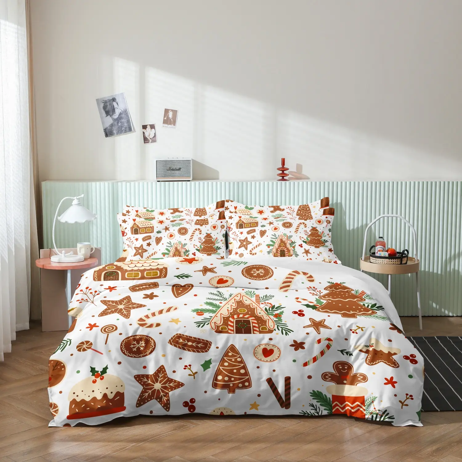3 Pieces Gingerbread House Cookie Candy Cane Print Duvet Cover Set, Cute Xmas Tree Cake Holly Berry Winter Holiday Print Bedding, Soft Microfiber Farmhouse Christmas Bedroom Decor (1 Duvet Cover + 2 Pillowcases, No Comforter No Pillow)