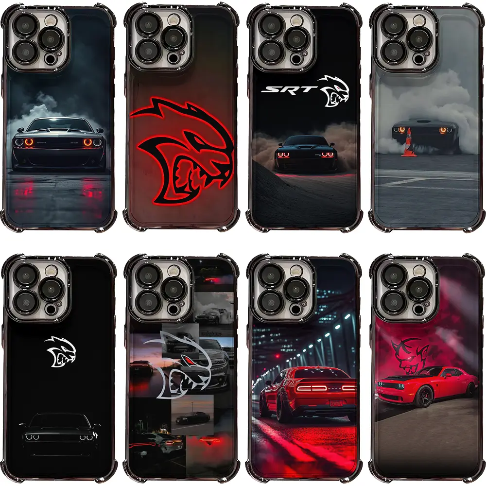 Dodge Challenger SRT Hellcat Electroplated Shockproof Smartphone Casing, Chrome Corner Bumper Cover for iPhone 17 ProMax/Air, 16 Pro, 15, 14 Plus, 13, 12 & Samsung S23-S26, Handheld Cellphone Devices Gift for Car Enthusiasts, Accessories