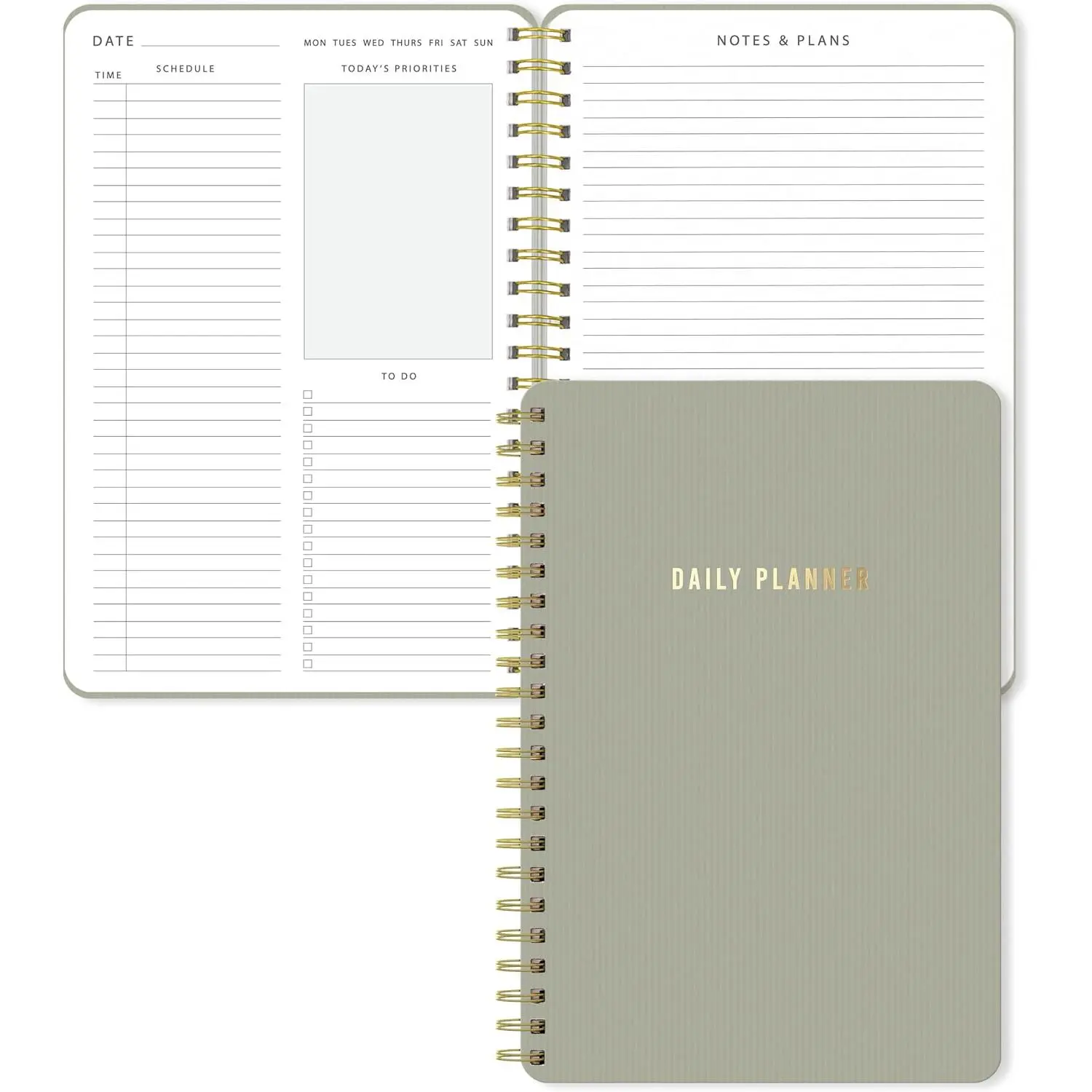 Daily Planner Notebook – Undated Two-Page Daily Layout with Hourly Schedule, To-Do List, Priorities, and Notes – 6.5" x 9.5" Spiral Bound Productivity Organizer – 160 Pages