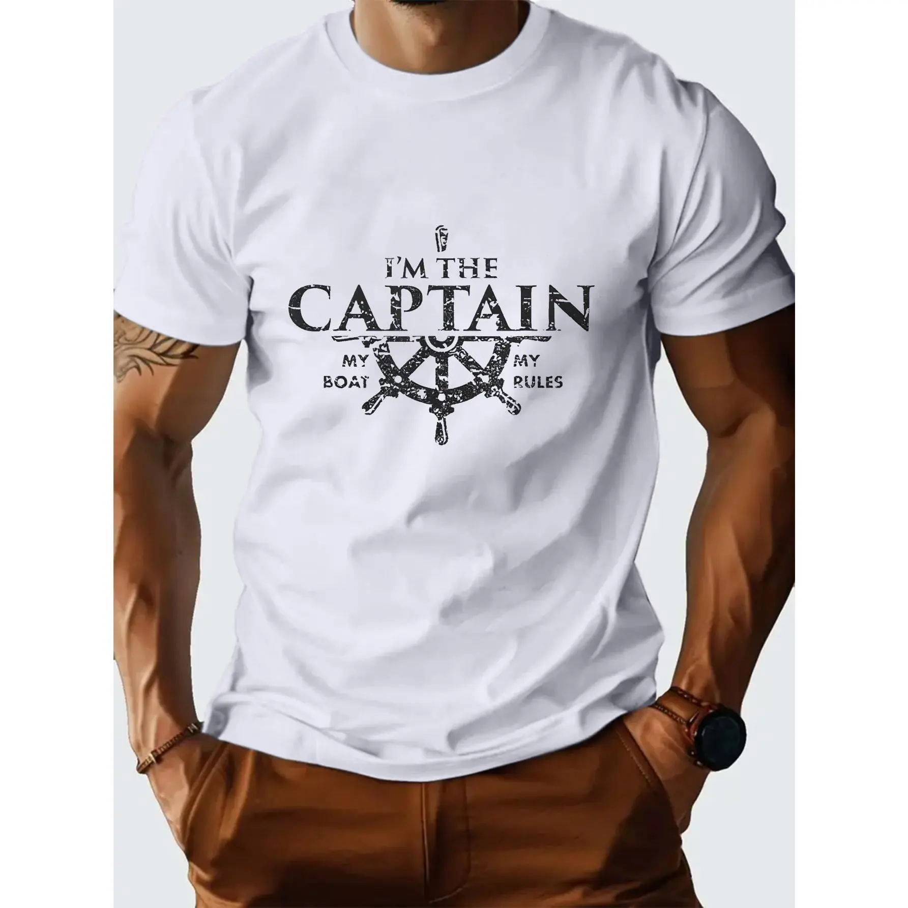 Men's "I'm The Captain" Nautical Anchor Pattern T-Shirt - Lightweight Summer Shirt, Breathable Fabric, Maritime Crew Neck Top, Ideal for Beach, Boating, Casual Attire, Perfect for Captains