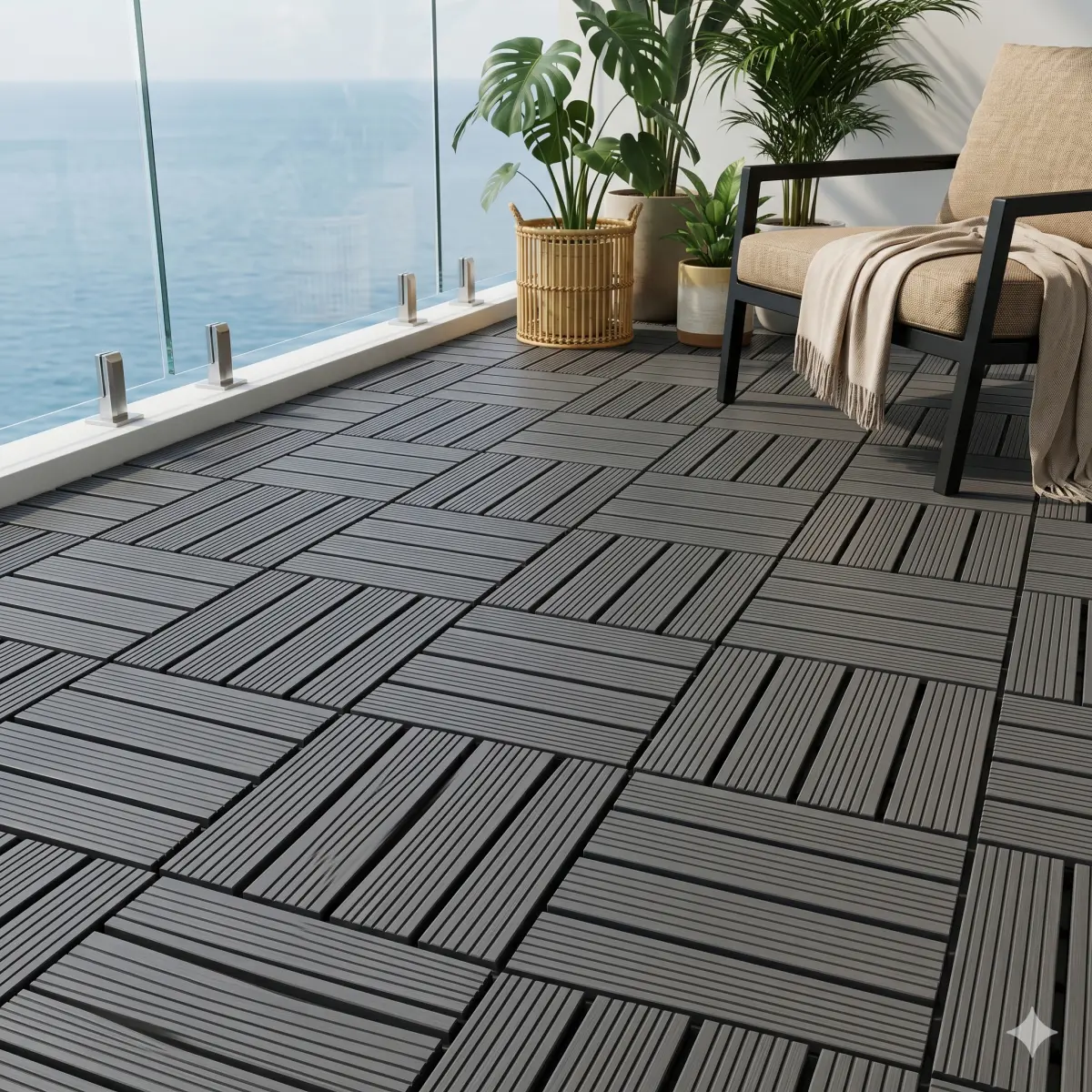 Plastic Interlocking Deck Tiles, 44 Pack 12"x12" Waterproof Non-Slip Outdoor Patio Flooring, All Weather Drainable Snap Together Decking Tiles for Poolside, Porch, Garden, Backyard & Shed Floor,Grey