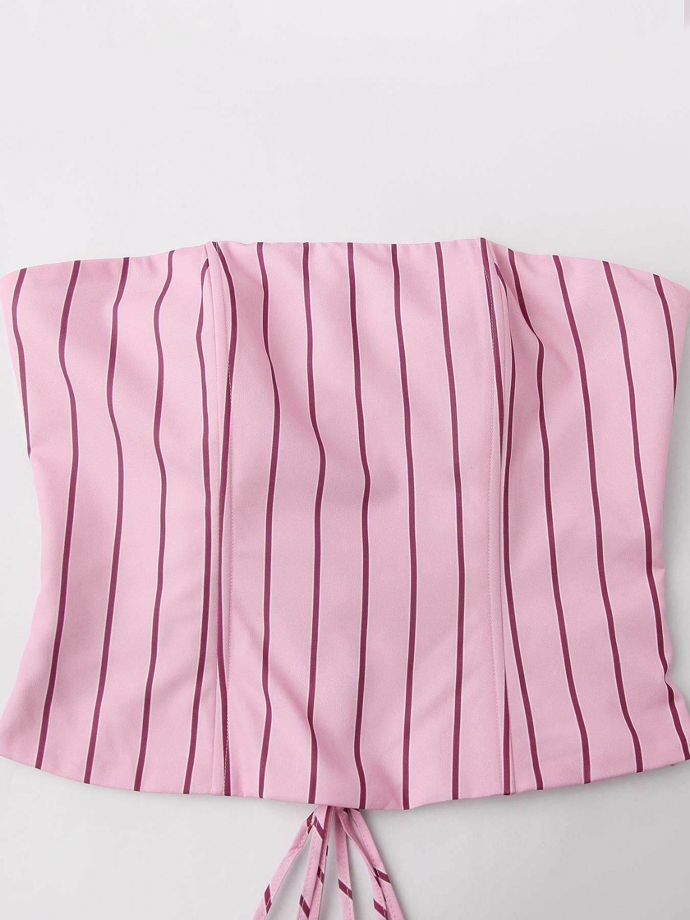 Women Striped Strapless Fitted Corset Top & Wide Leg Pants 2 Piece Set Sexy Daily Outfits Women Sets