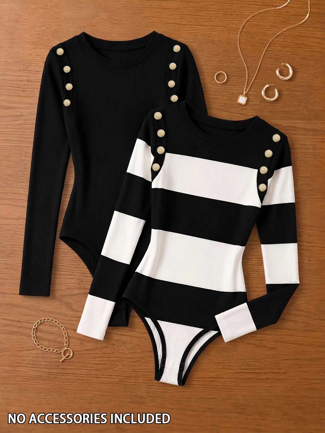 Women's Long Sleeve Bodysuit, Round Neck, Buttons, Slim Fit, and Stripes, Tight Inner Wear, Fashionable