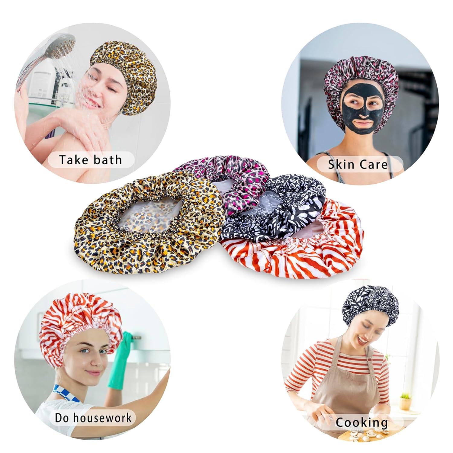 4 PCs reusable shower caps for women-double waterproof elastic bath caps, printed color, double layer design body bonnet hat light Set Plastic