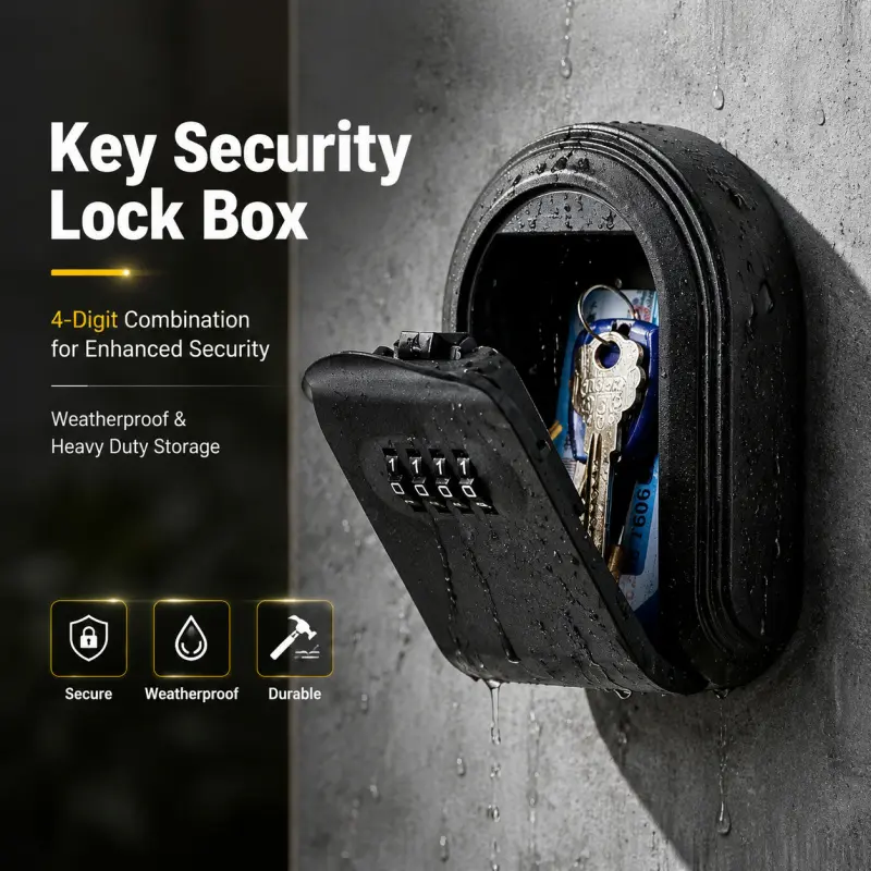 Wall Mounted 4 Digit Combination Key Lock Box Weatherproof Heavy Duty Secure Outdoor Key Storage Safe Box Durable Anti-Rust Spare Key Security Holder For Realtor Home Vacation Rental Construction Site