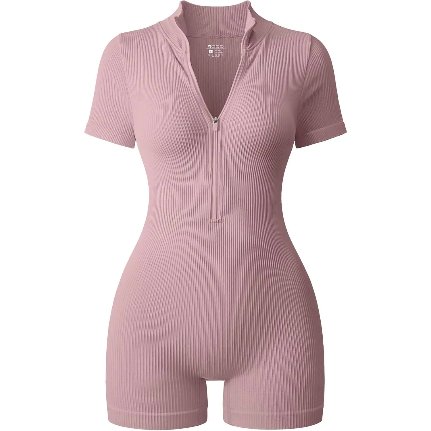 Women Rompers Ribbed Short Sleeve Zip Front Stretch Tummy Control Yoga Workout Rompers