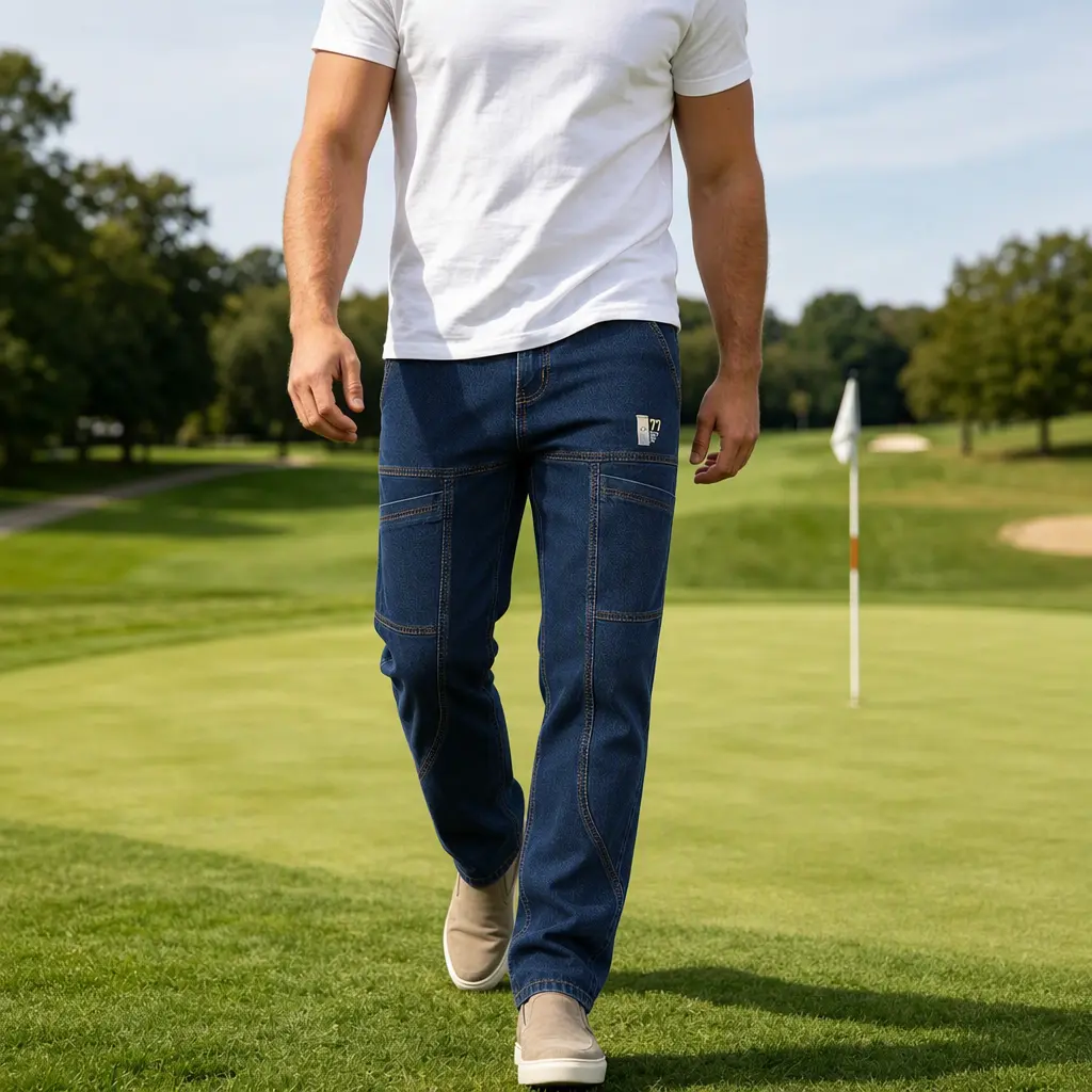Men's Dark Blue Carpenter Straight Jeans, Mid-Rise Utility Cargo Denim Pants With Contrast Stitch Thigh Pockets, Breathable Workwear Denim Trousers For Golf, Daily Casual Outfits & Urban Street Style Matching