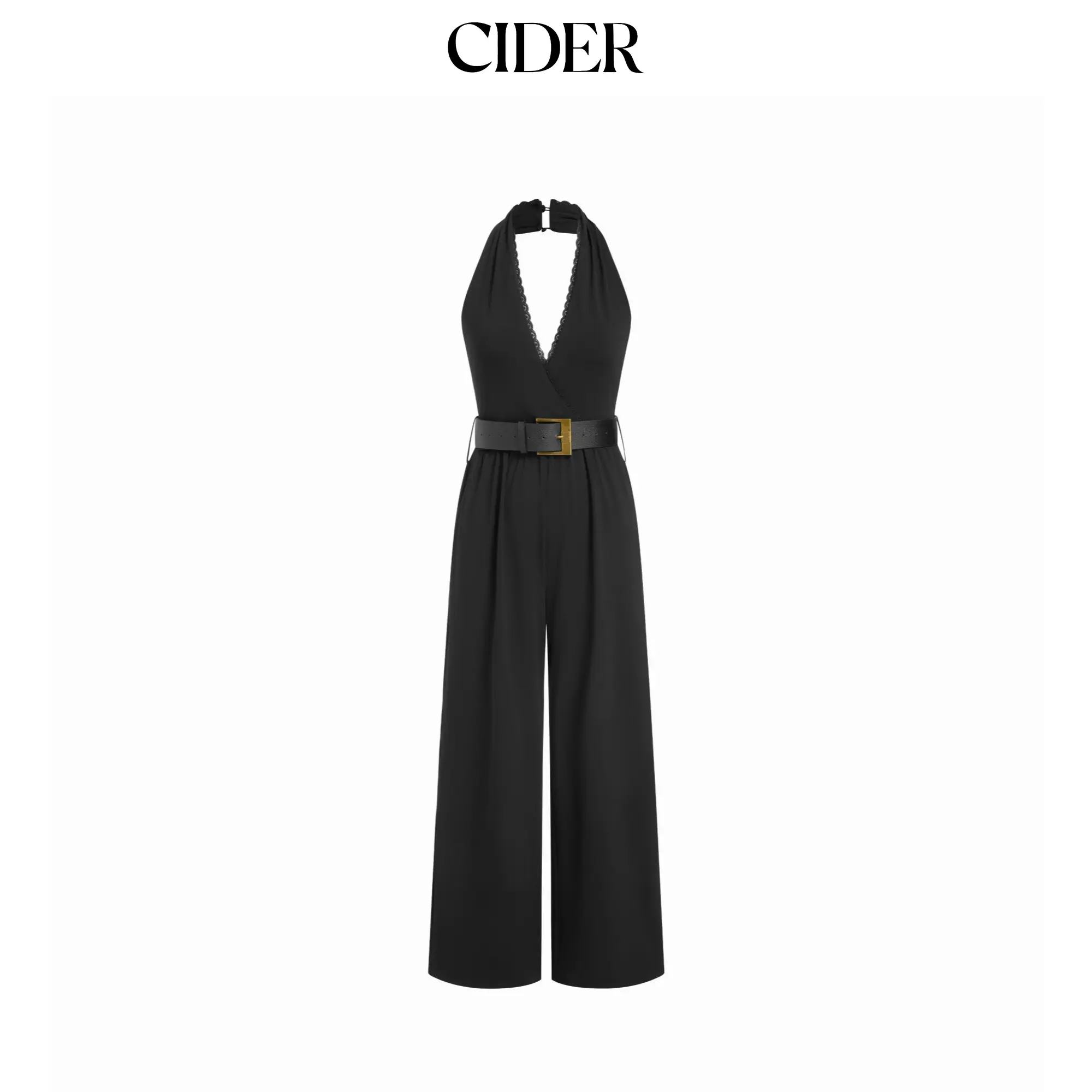 Cider Halter Neckline Lace Trim Wide Leg Jumpsuit With Belt